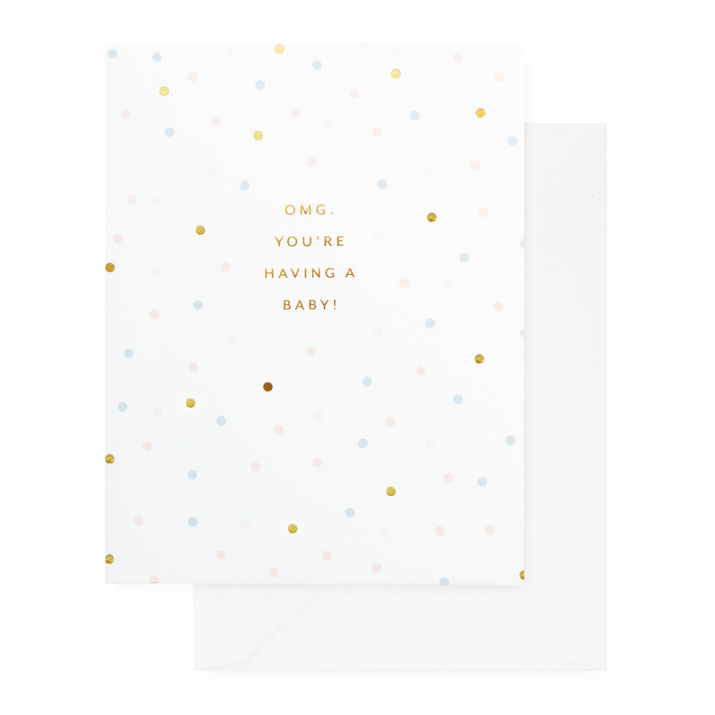 white baby card with dots and gold text, white envelope