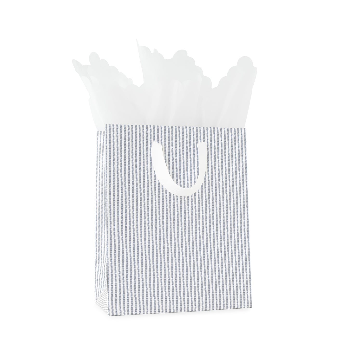 Dark blue and white stripe gift bag with white handles with white scallop tissue paper