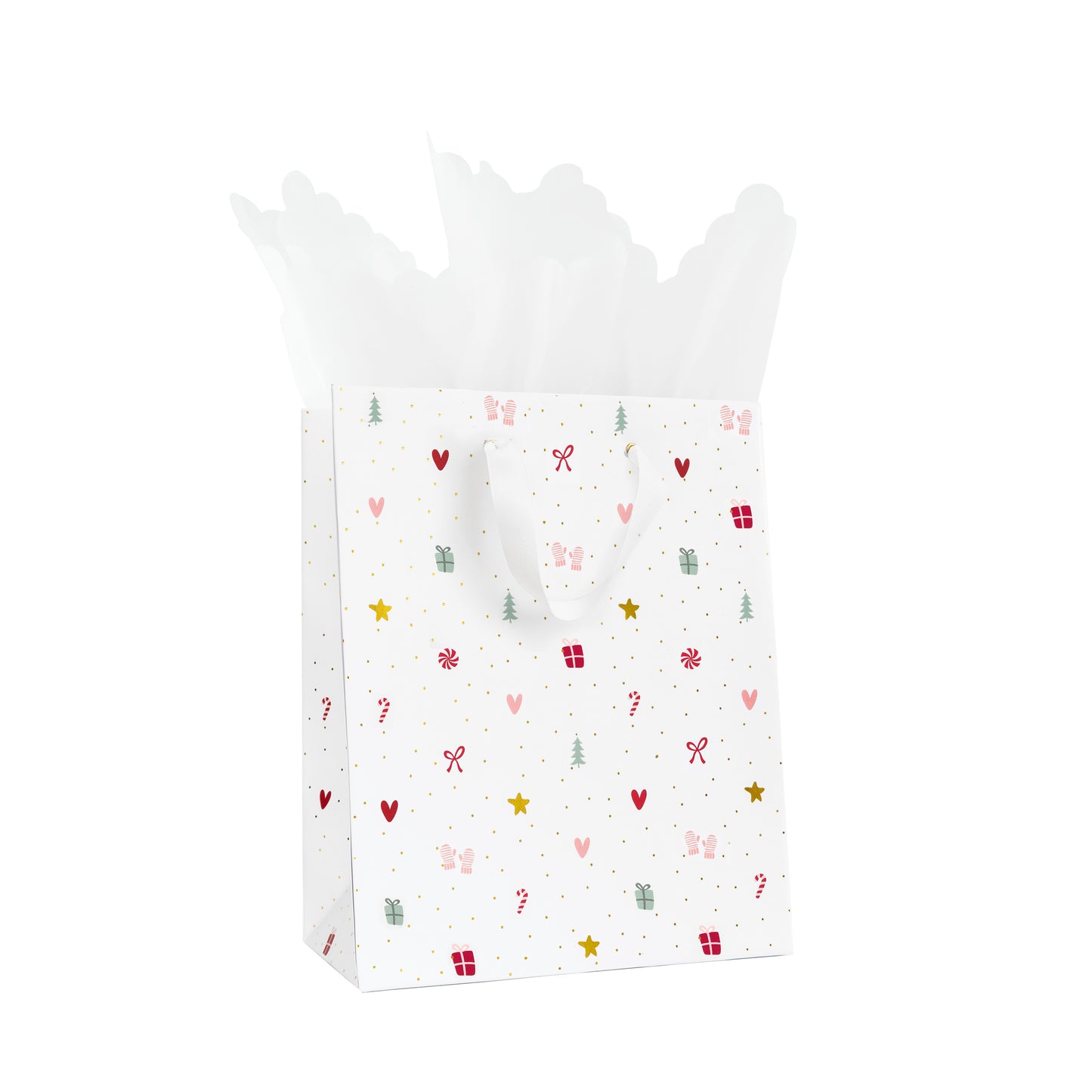 Multicolor Holiday Icon Gift Bag with White Ribbon Handles with white scallop tissue paper