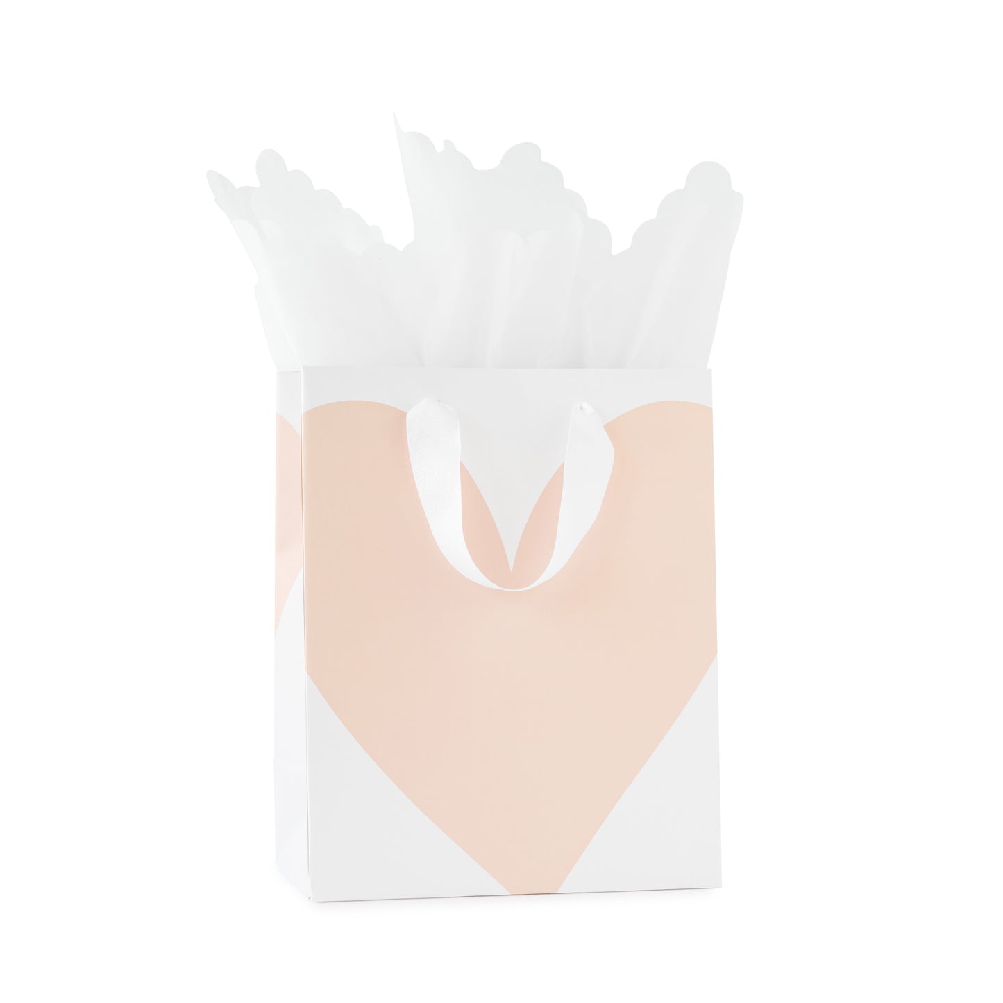 White gift bag with large pink heart and white ribbon handles with white scallop tissue paper