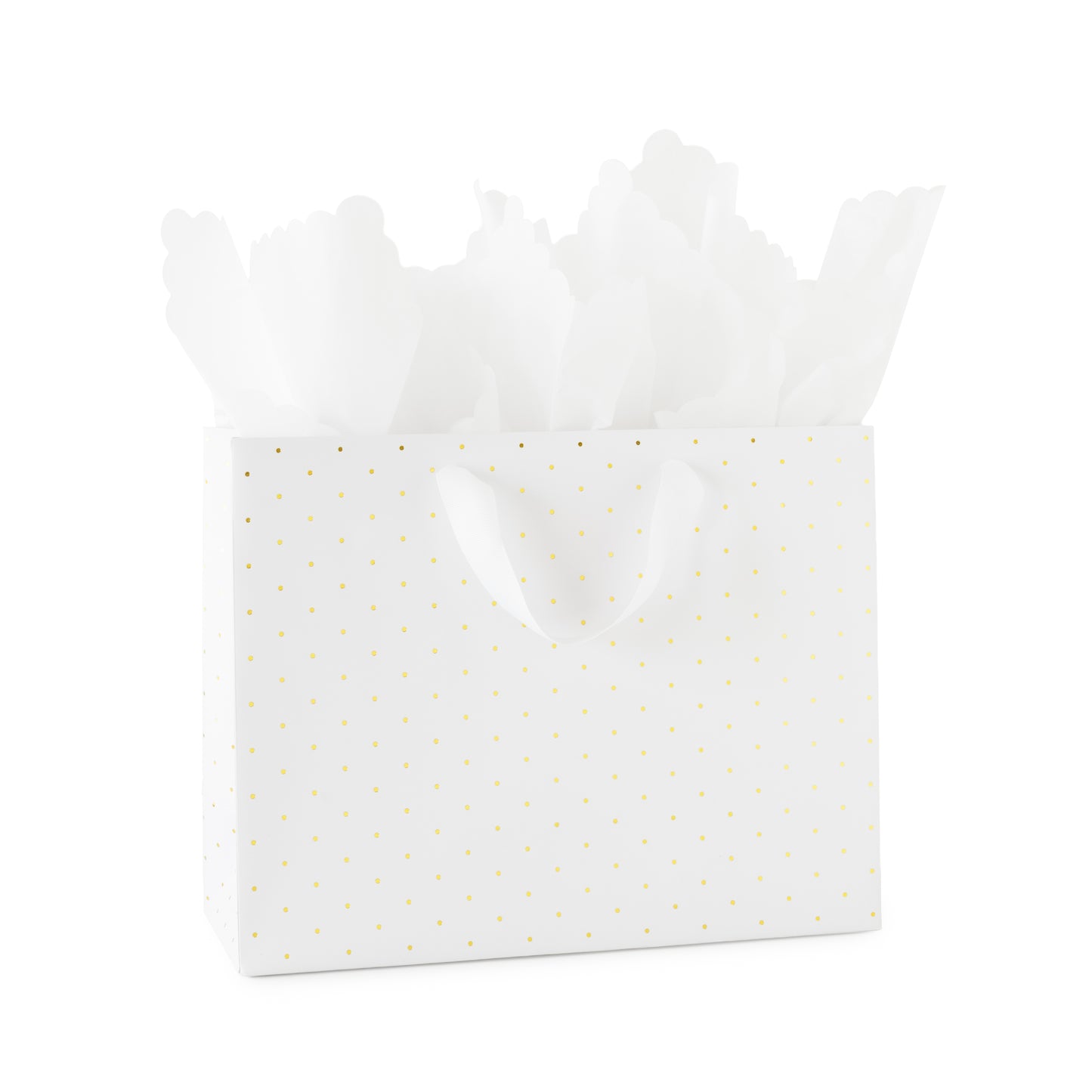 large white gift bag with white ribbon handles with gold foil dot pattern with white scallop tissue paper