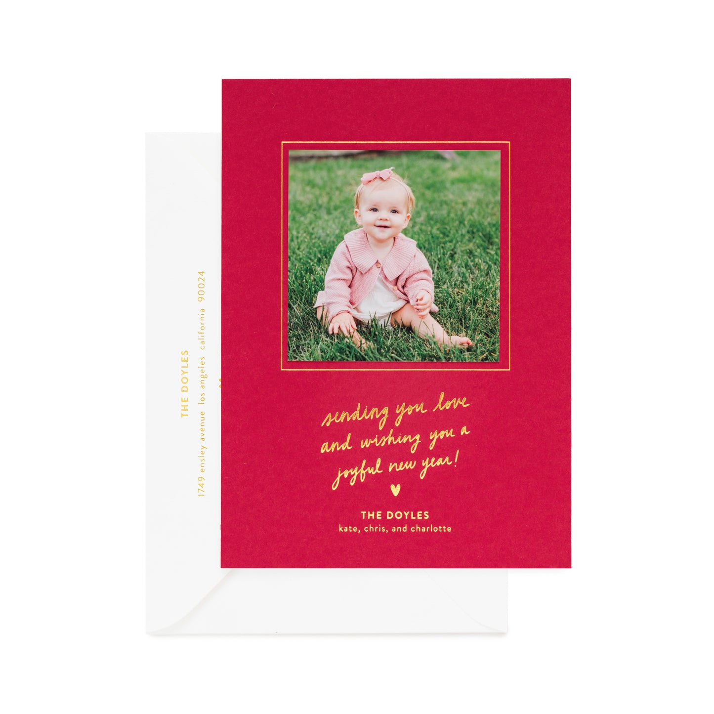 red custom holiday card with photo and gold foil details