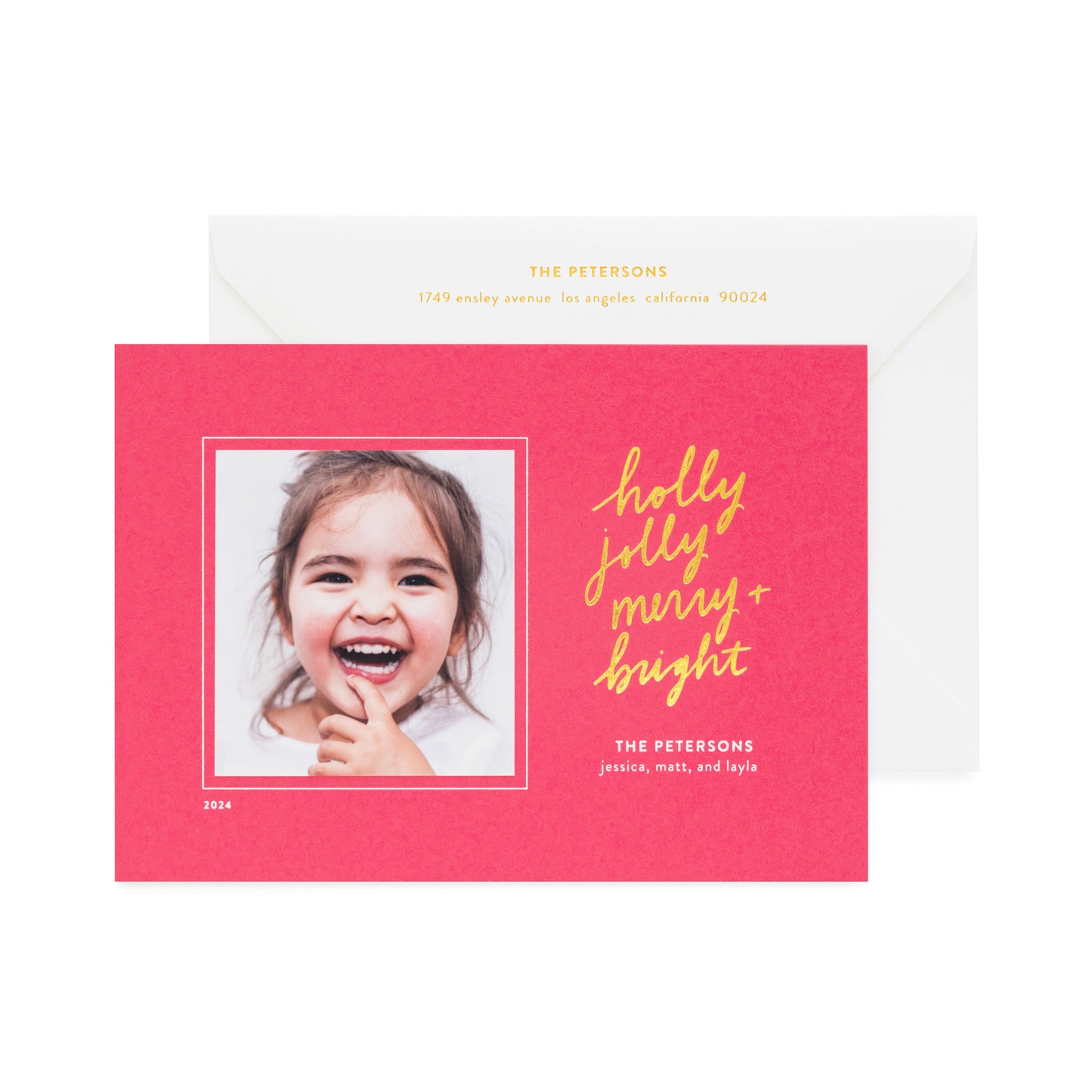 hot pink custom holiday card with photo and gold and white foil details