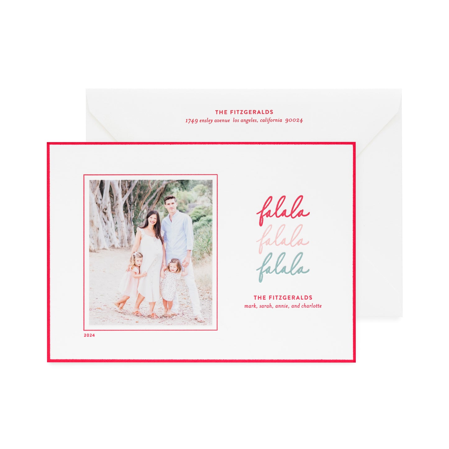 falala custom holiday card with red pink and green text and photo