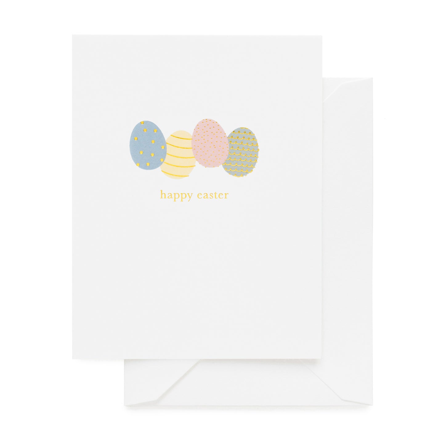 White greeting card with pink, blue, yellow and green Easter eggs and 'happy Easter' in gold foil with a white envelope