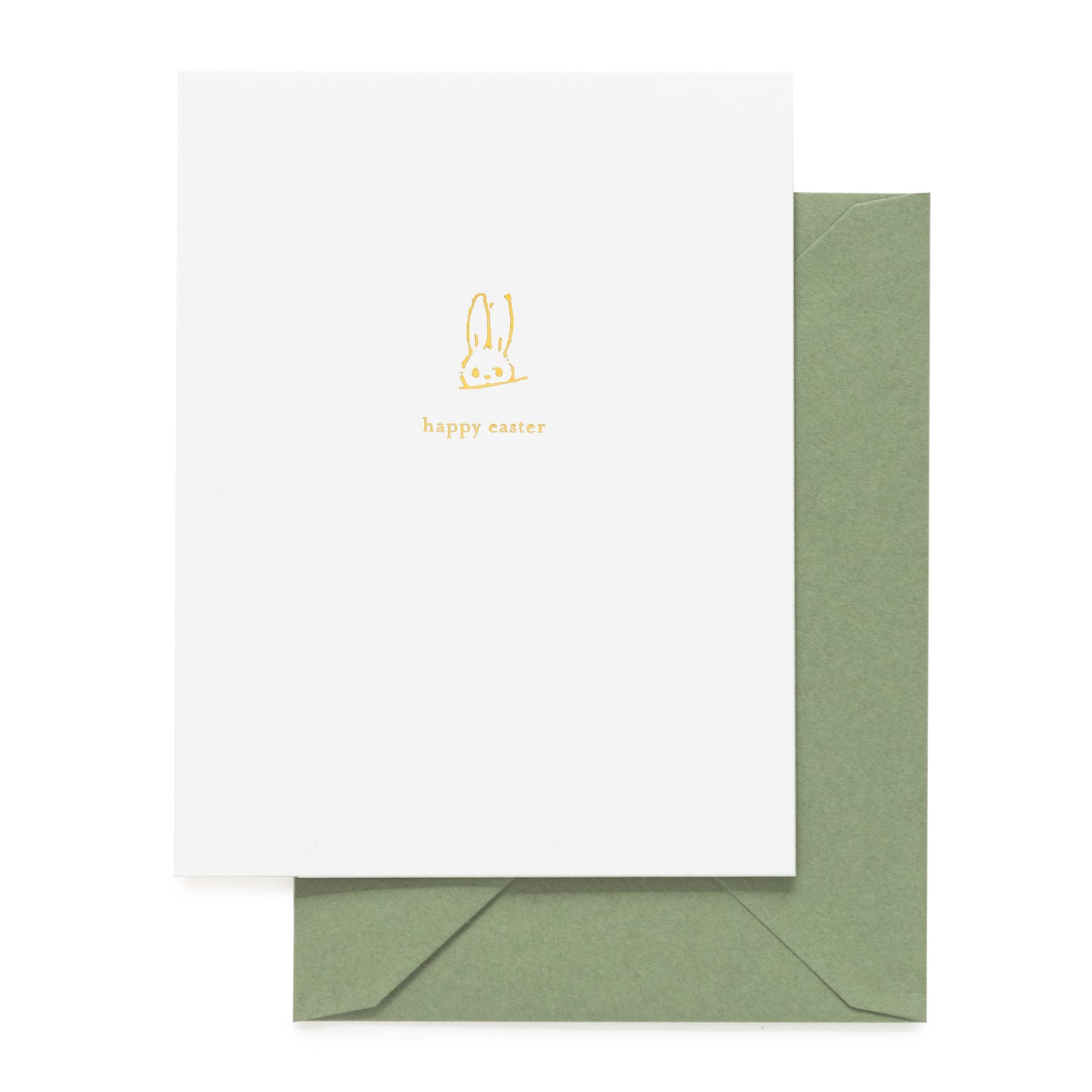 White card with gold bunny illustration and 'Happy Easter' in gold foil paired with a green envelope