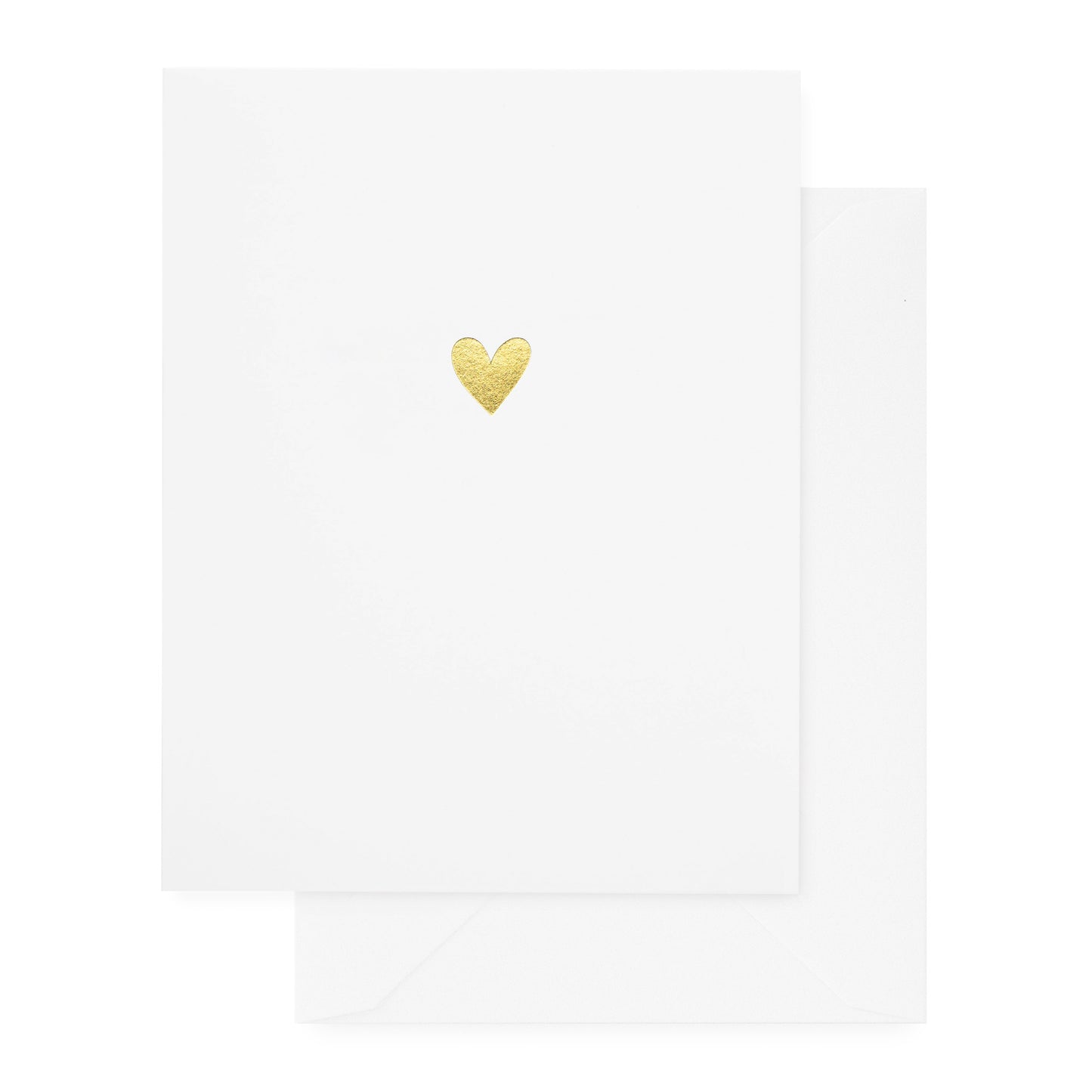 A simple white greeting card with a gold heart print in the center, accompanied by a white envelope.