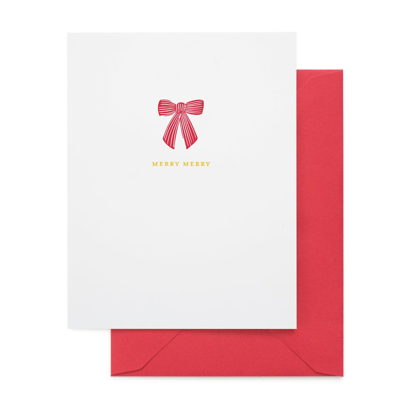 white holiday card with red bow and gold text and red envelope