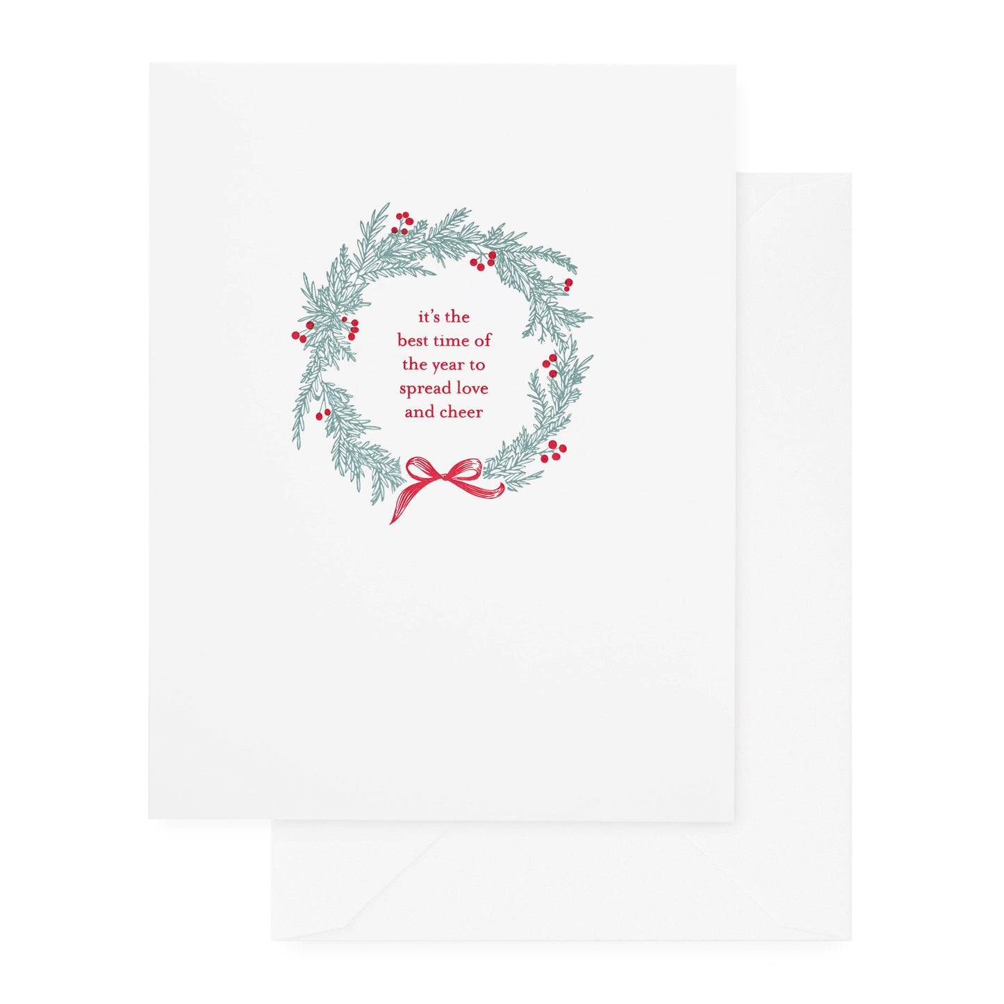 white holiday card with green wreath and red text and details