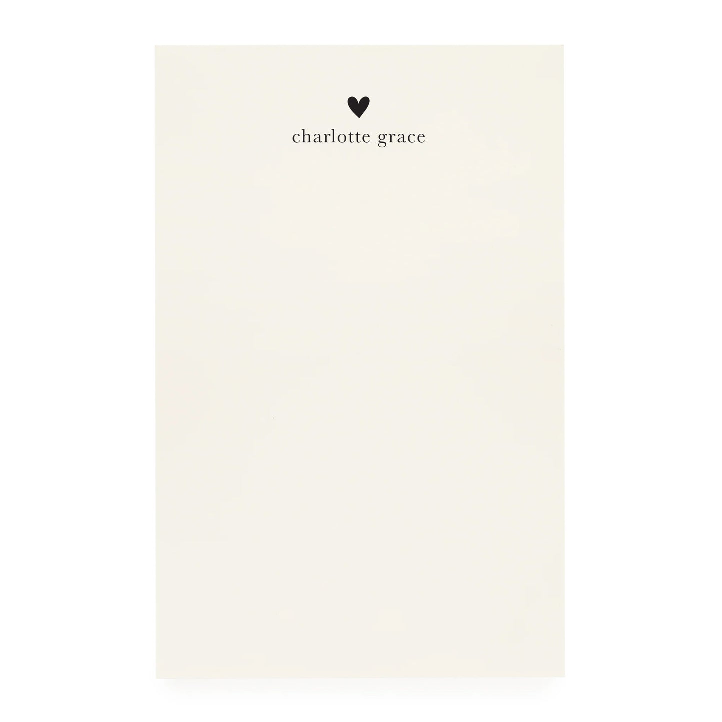 Cream notepad with black heart and "charlotte grace"