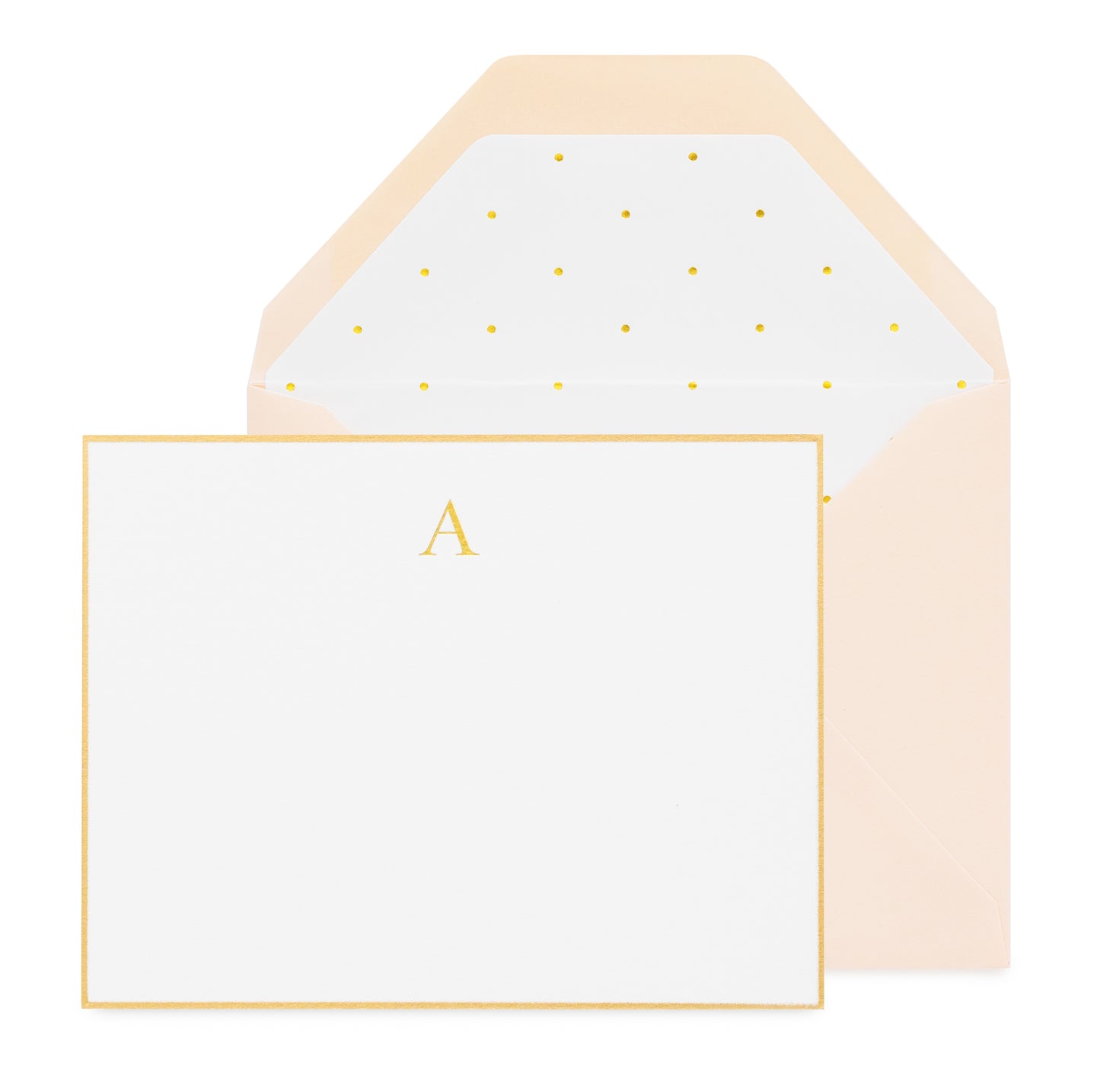 Flat white note card with gold hand painted border with "a" initial with a pink envelope with a white and gold foil dot envelope liner