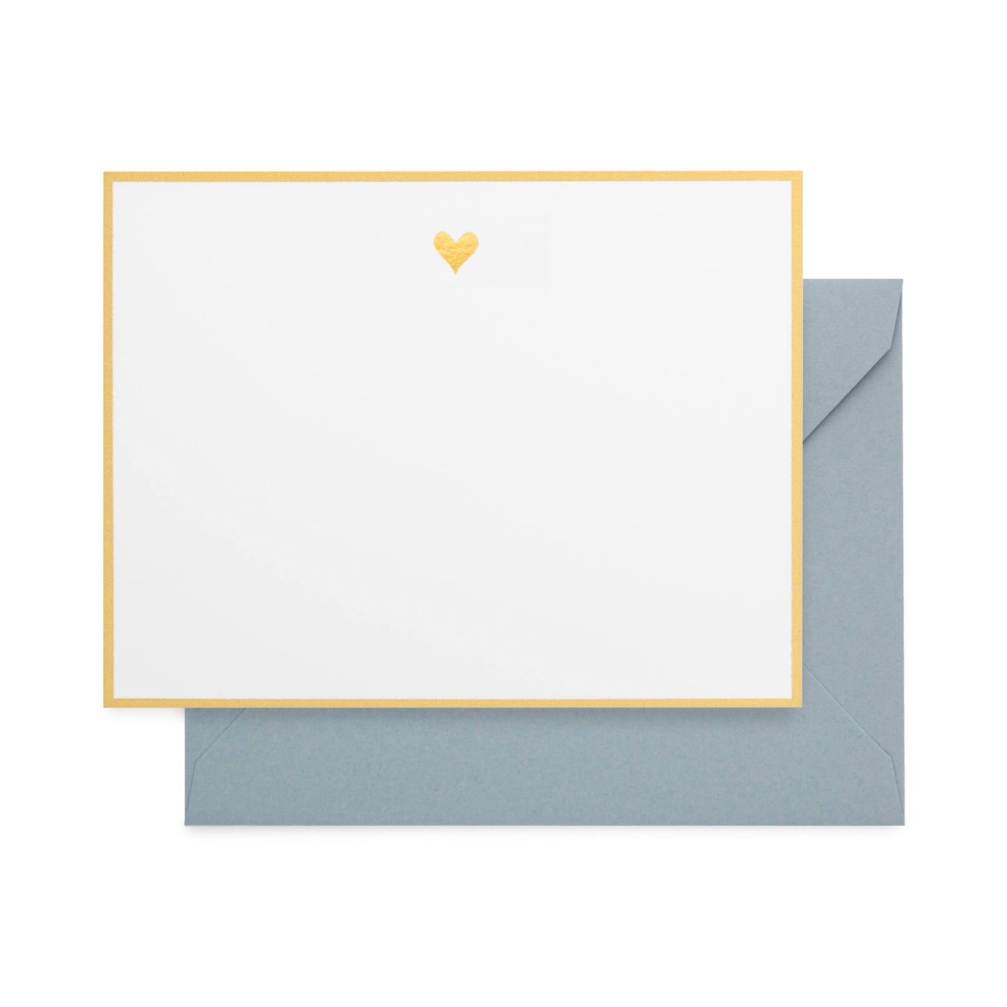 white card with gold heart and gold border, slate blue envelope