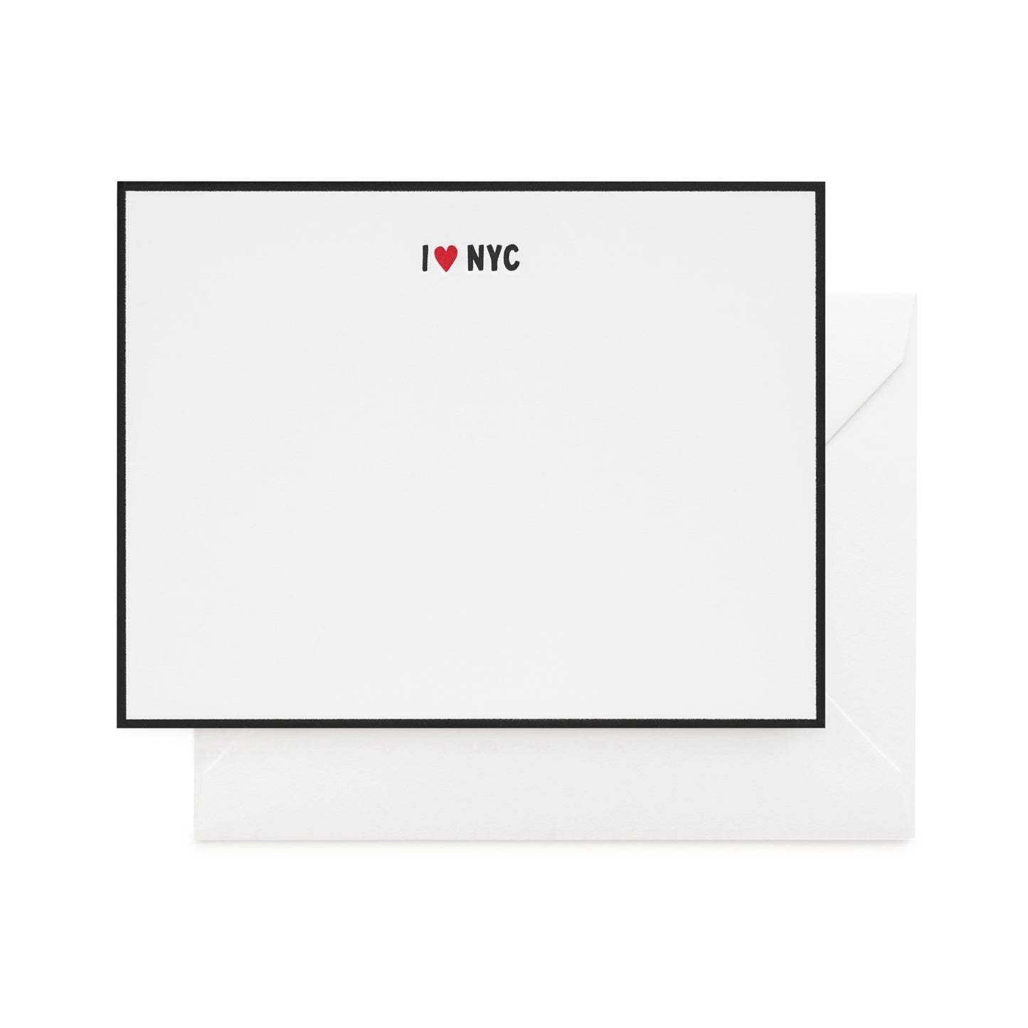 Black bordered card with black and red letterpress printed 'i heart nyc' with a white envelope