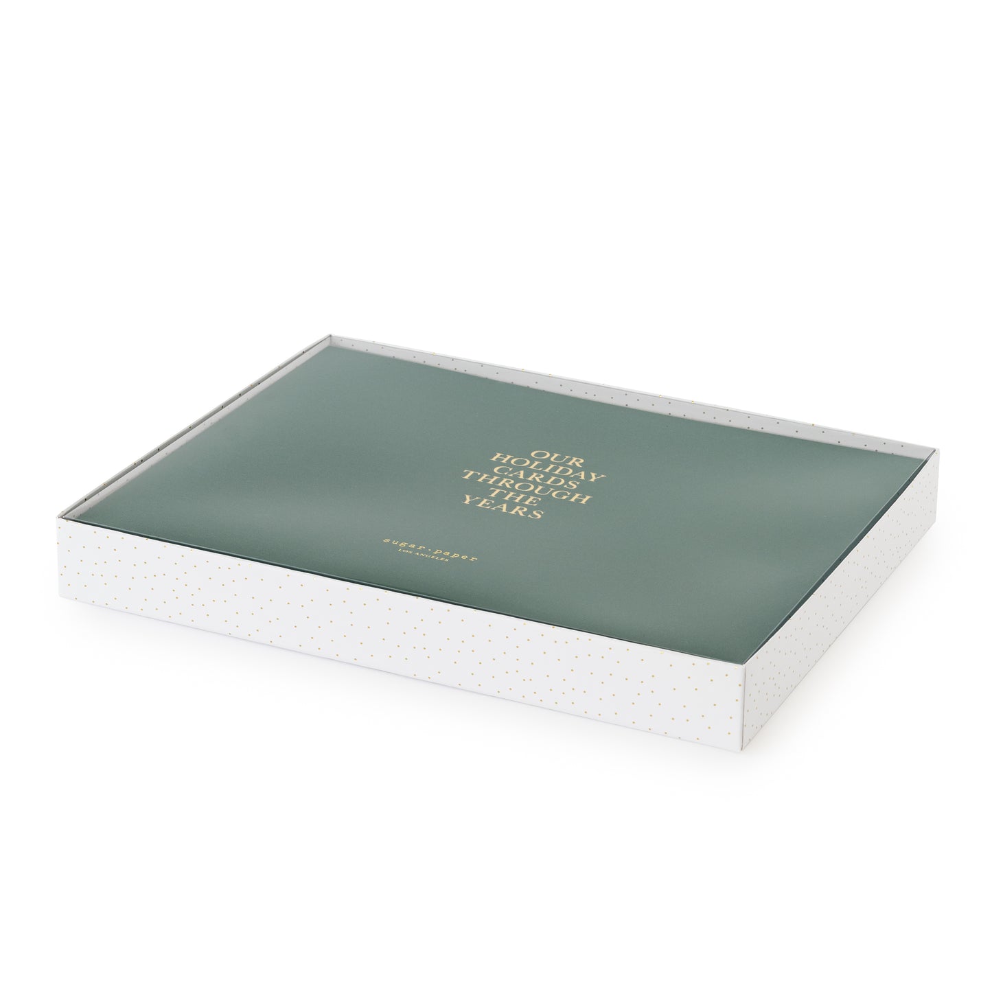 Green holiday card book in box with gold dot base and clear cover