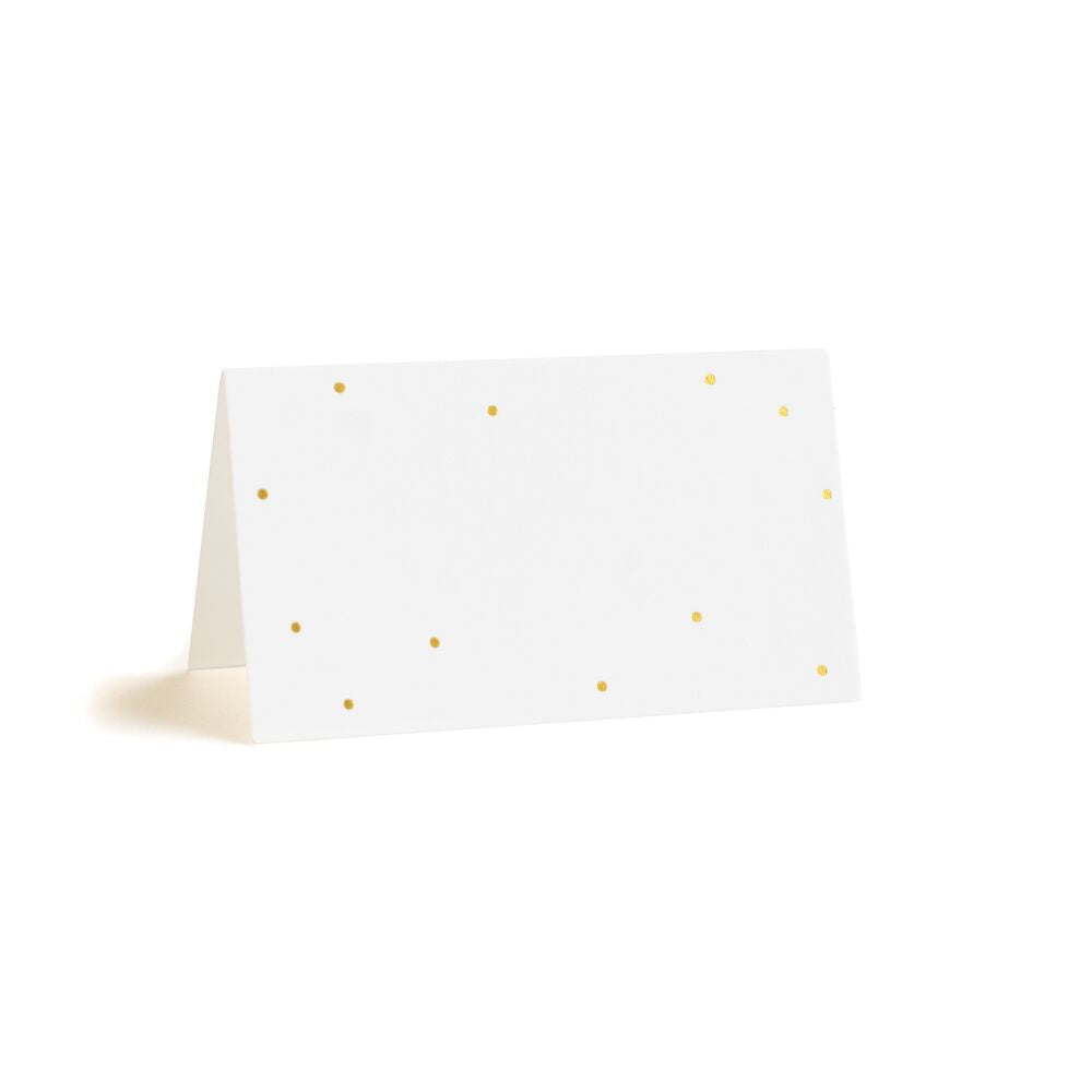 white tented place card with gold foil dot pattern around edges