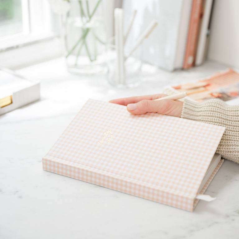 Pink checkered gingham agenda on a desk with a hand holding it