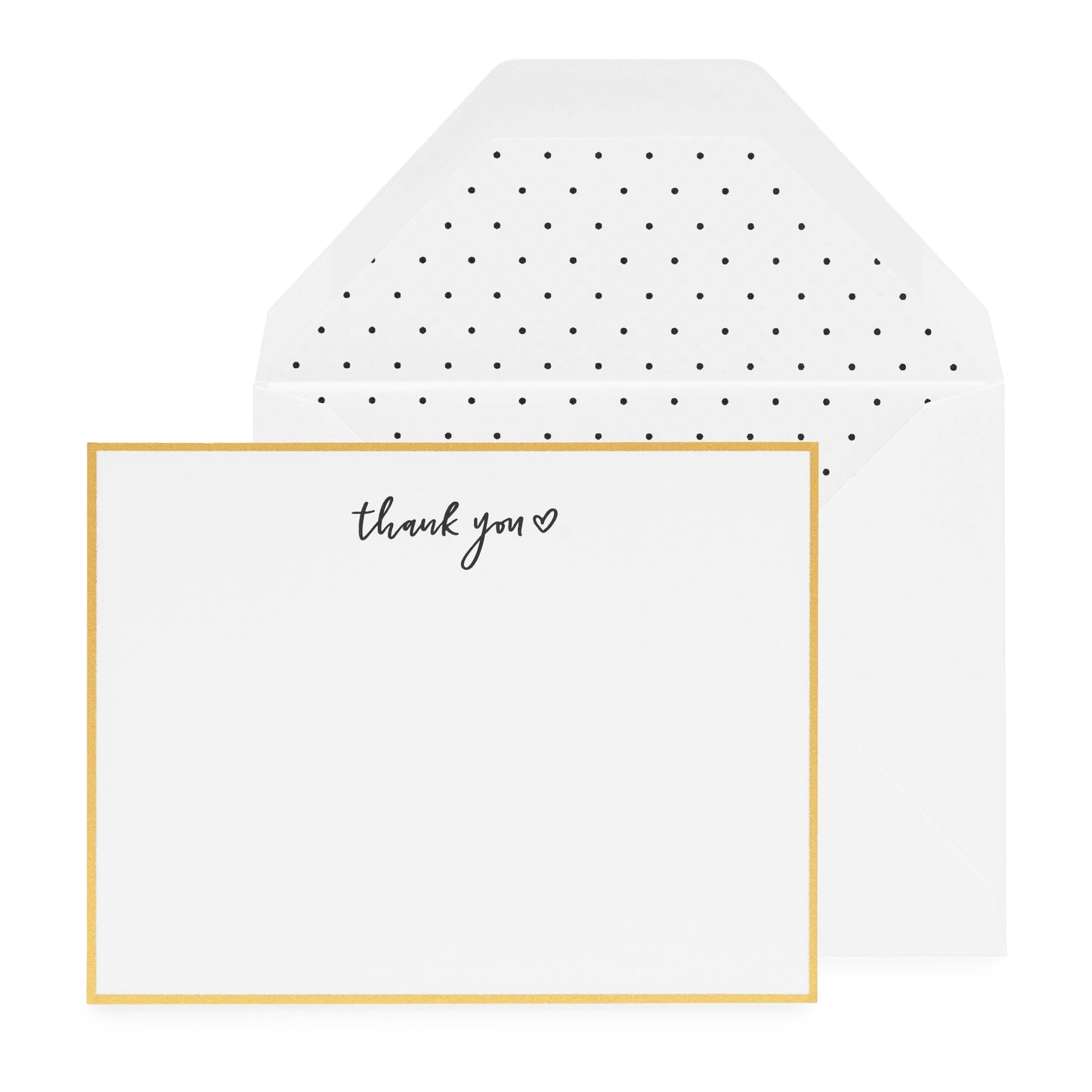 white card with black thank you and heart, gold border, white envelope with black swiss dot liner