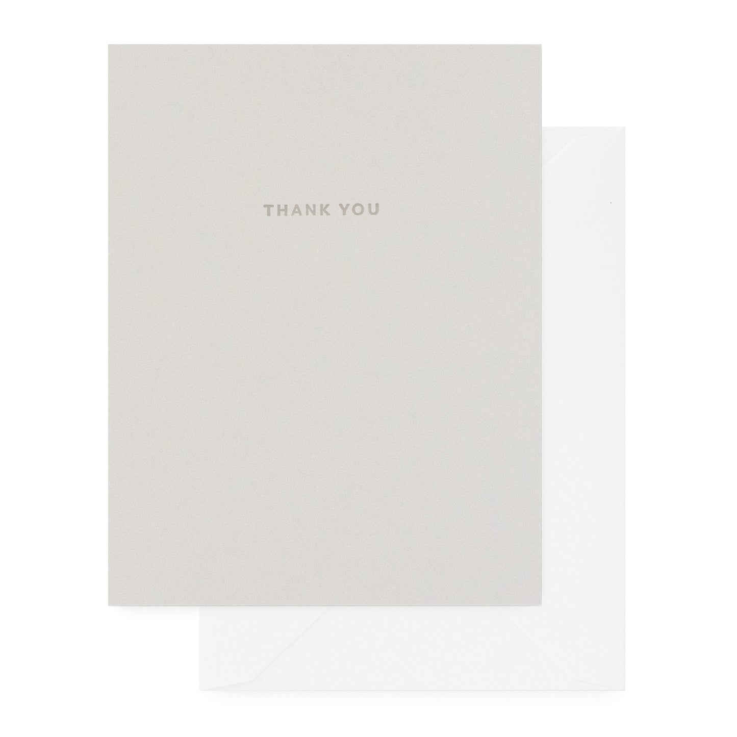 Grey thank you card with dark grey 'thank you' text paired with a white envelope