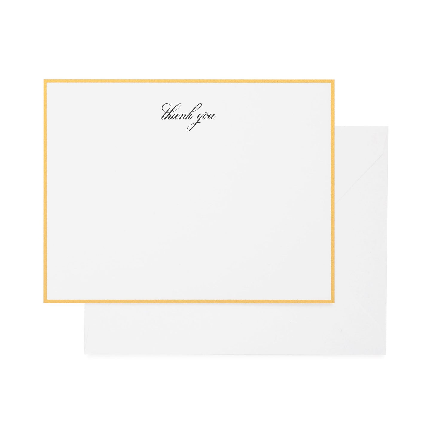 white card with black thank you text and gold border, white envelope