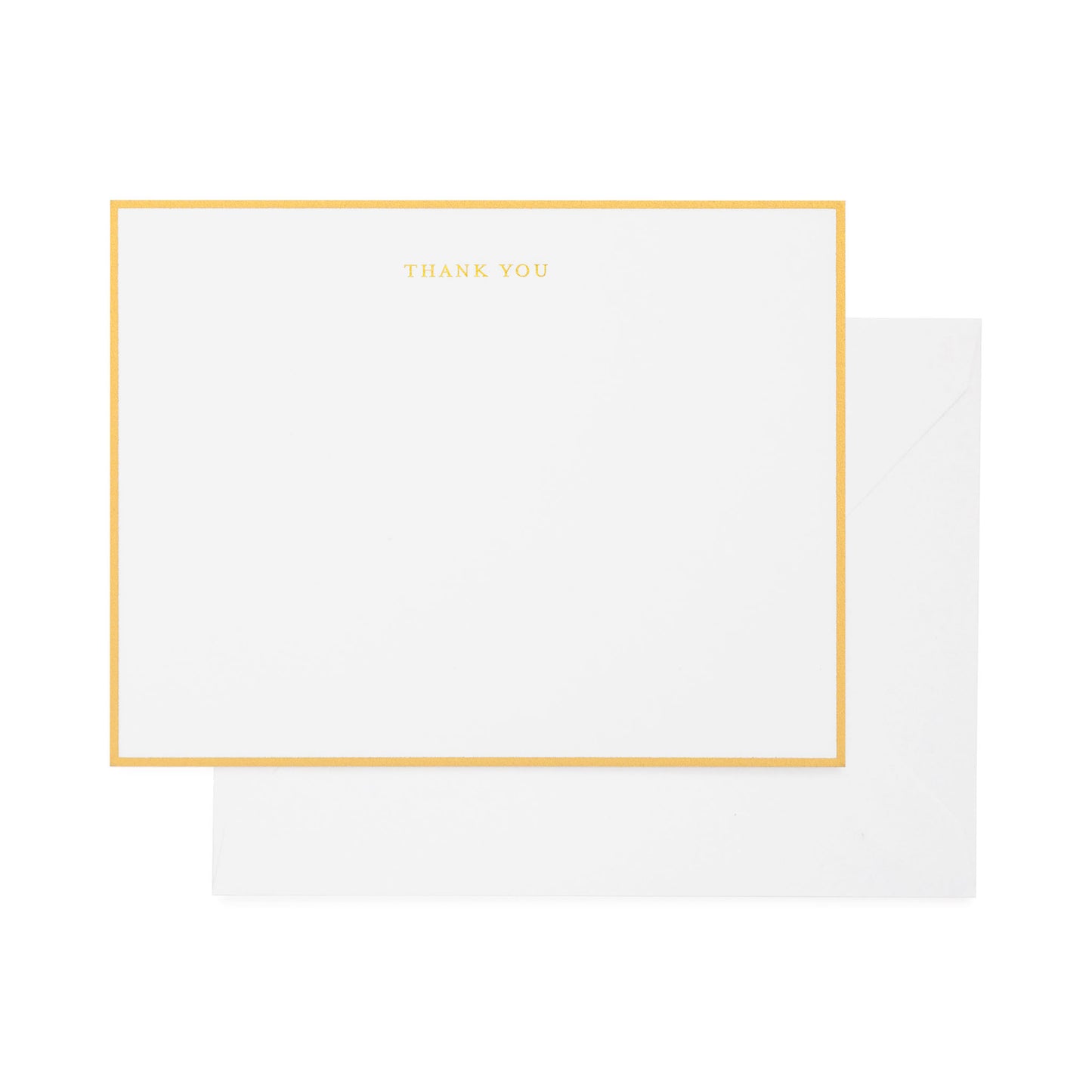 white card with gold thank you text and gold border, white envelope