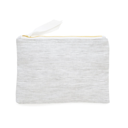 Grey and white stripe pouch with white ribbon pull and gold zipper