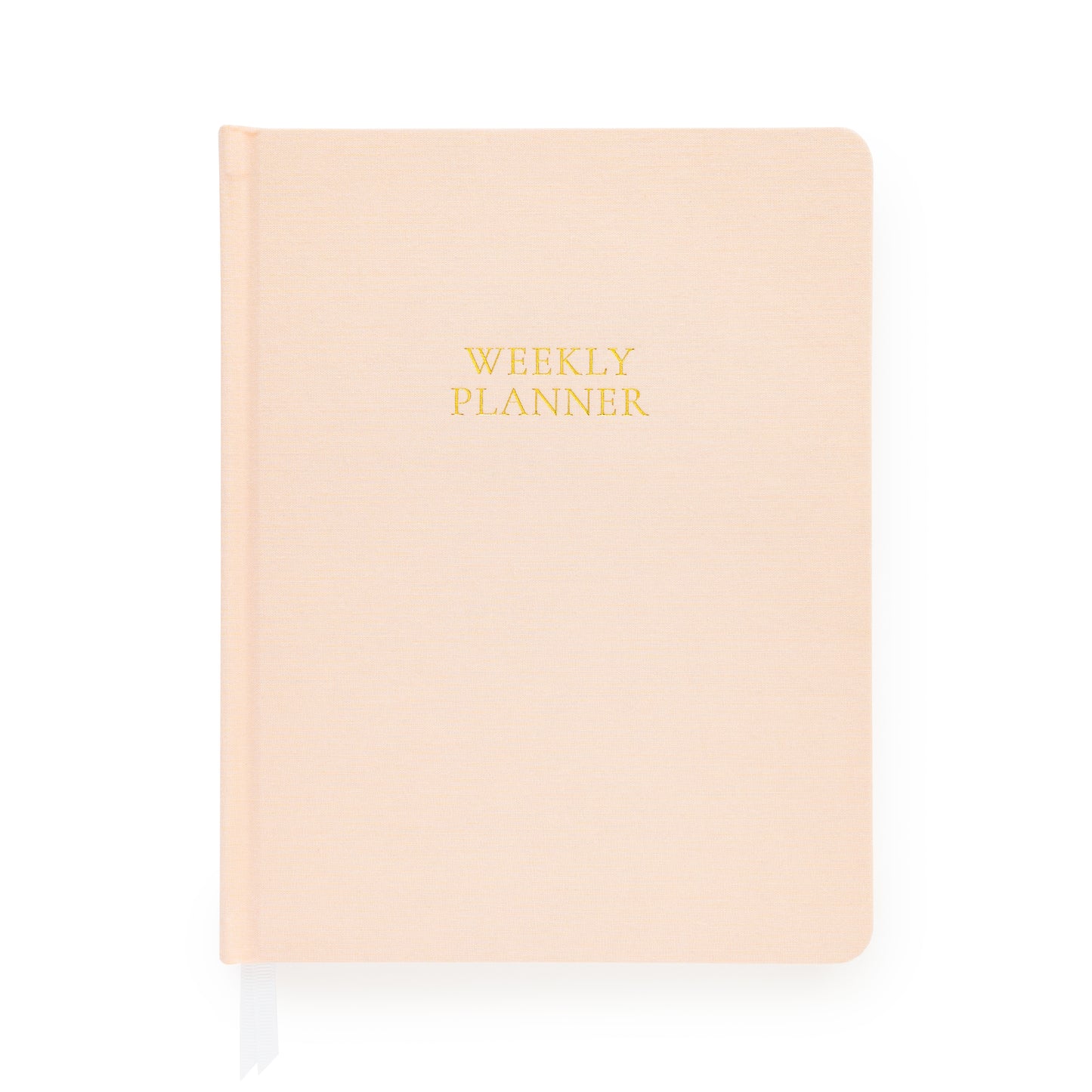Pink planner with gold foil 'weekly planner' on cover