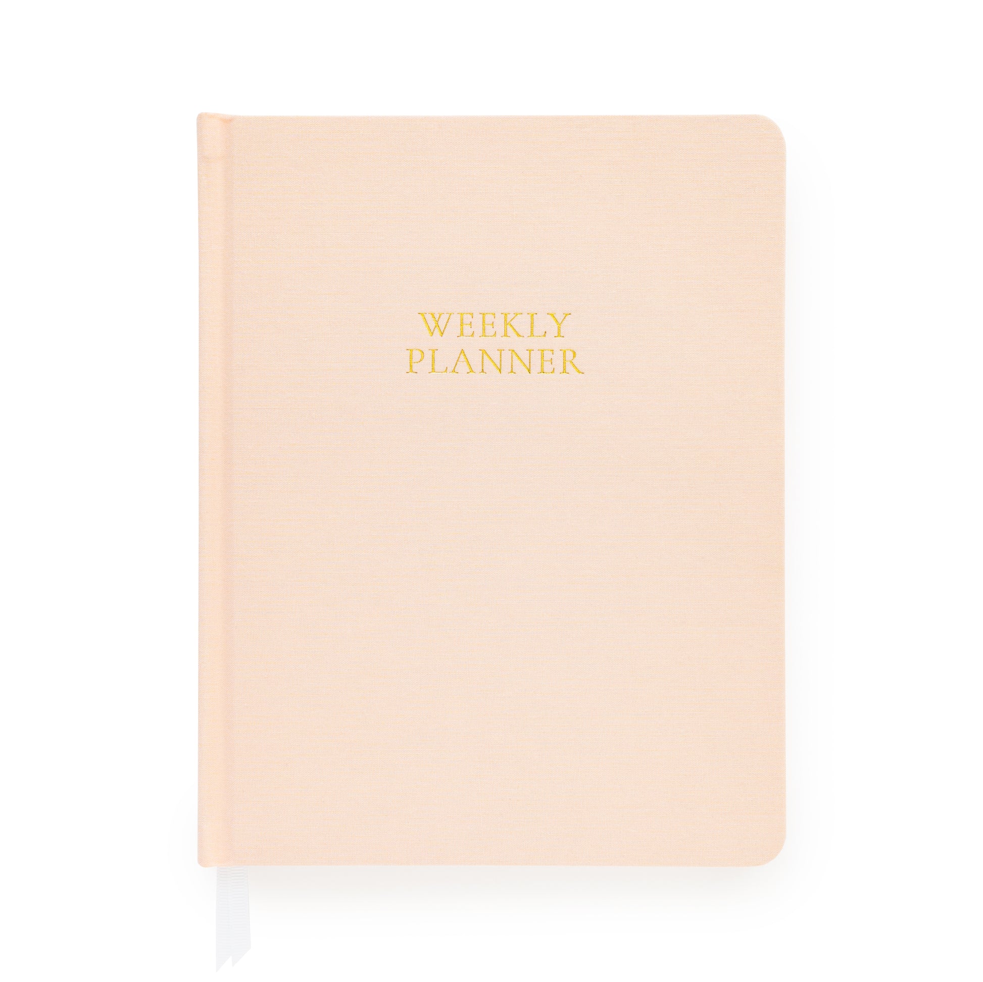 Pink planner with gold foil 'weekly planner' on cover