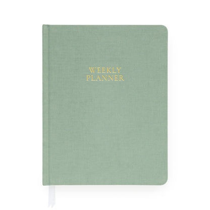 Sage Green Weekly Planner with white ribbon bookmark