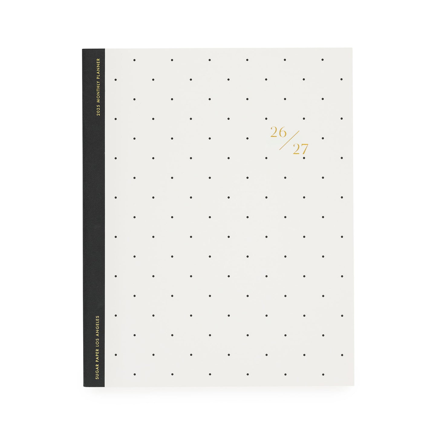 White planner with black dot pattern, black tape binding, and gold foil 26/27