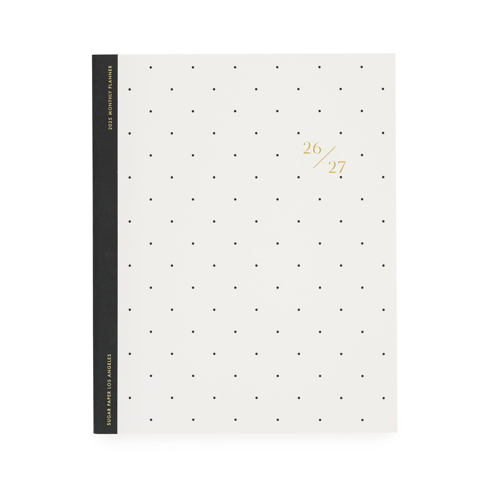 White planner with black dot pattern, black tape binding, and gold foil 26/27
