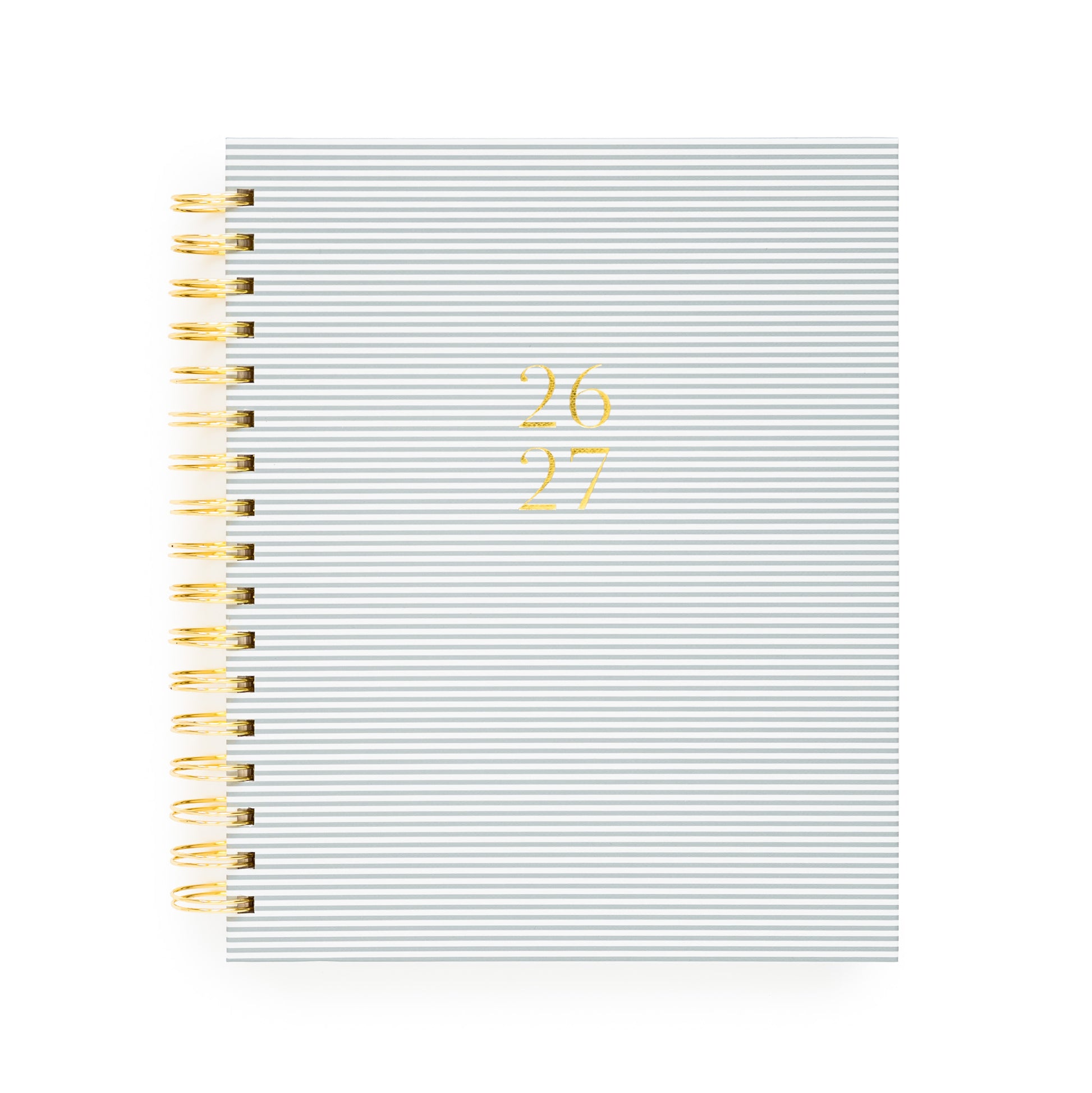 Blue stripe spiral planner with 26 27 in gold foil on the cover and a gold spiral binding