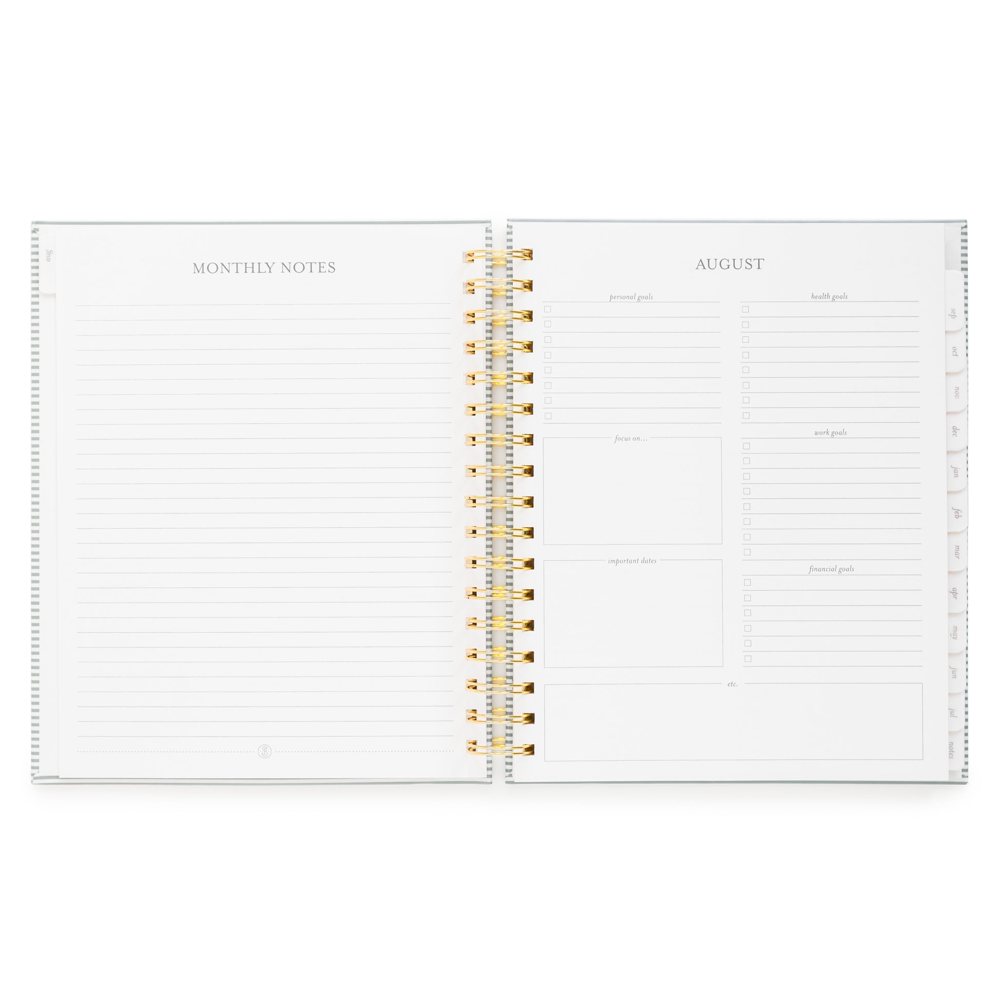 Open planner showing monthly notes and monthly guided prompts including 'personal goals,' 'health goals,' 'focus on,' 'work goals,' 'financial goals,' and 'important dates'