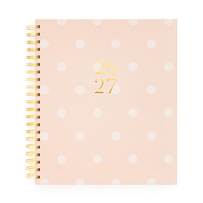 Pink with white dot spiral planner with 26 27 in gold foil 