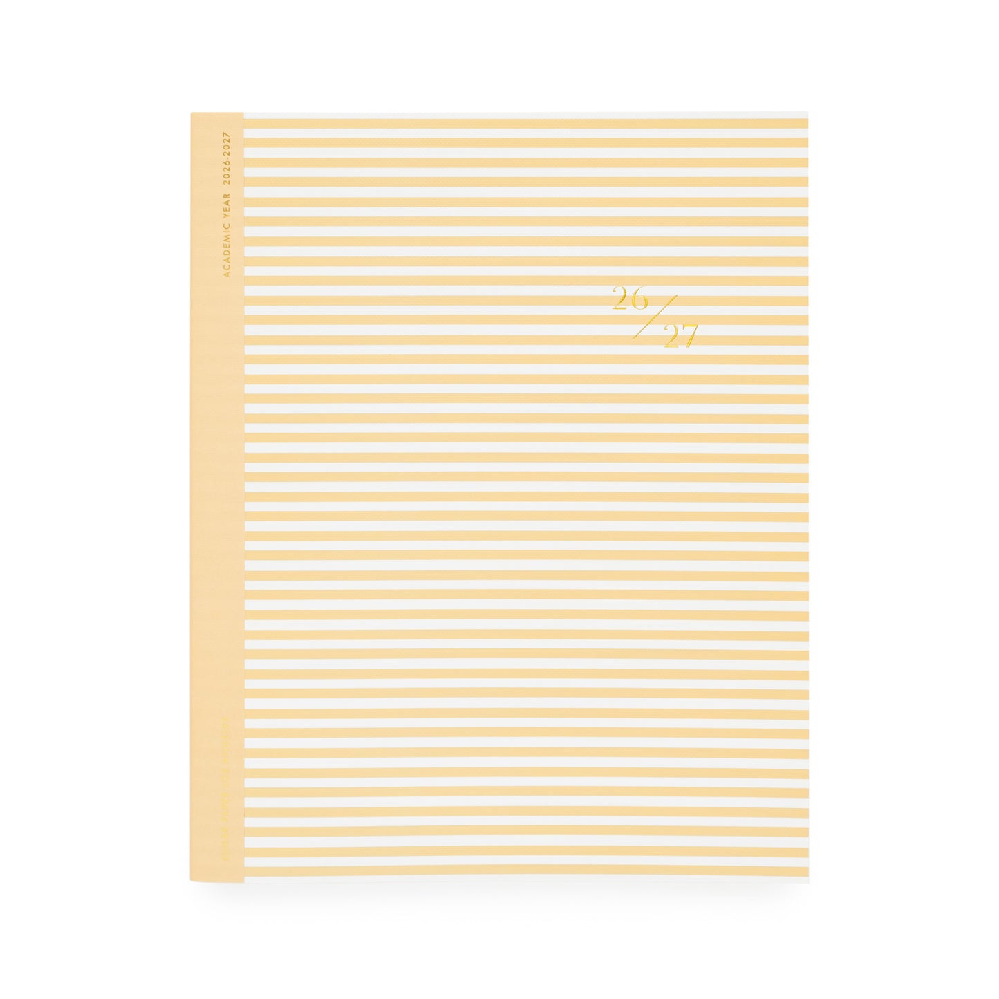 Yellow and white striped planner with '26 27' in gold foil on cover with yellow tape binding