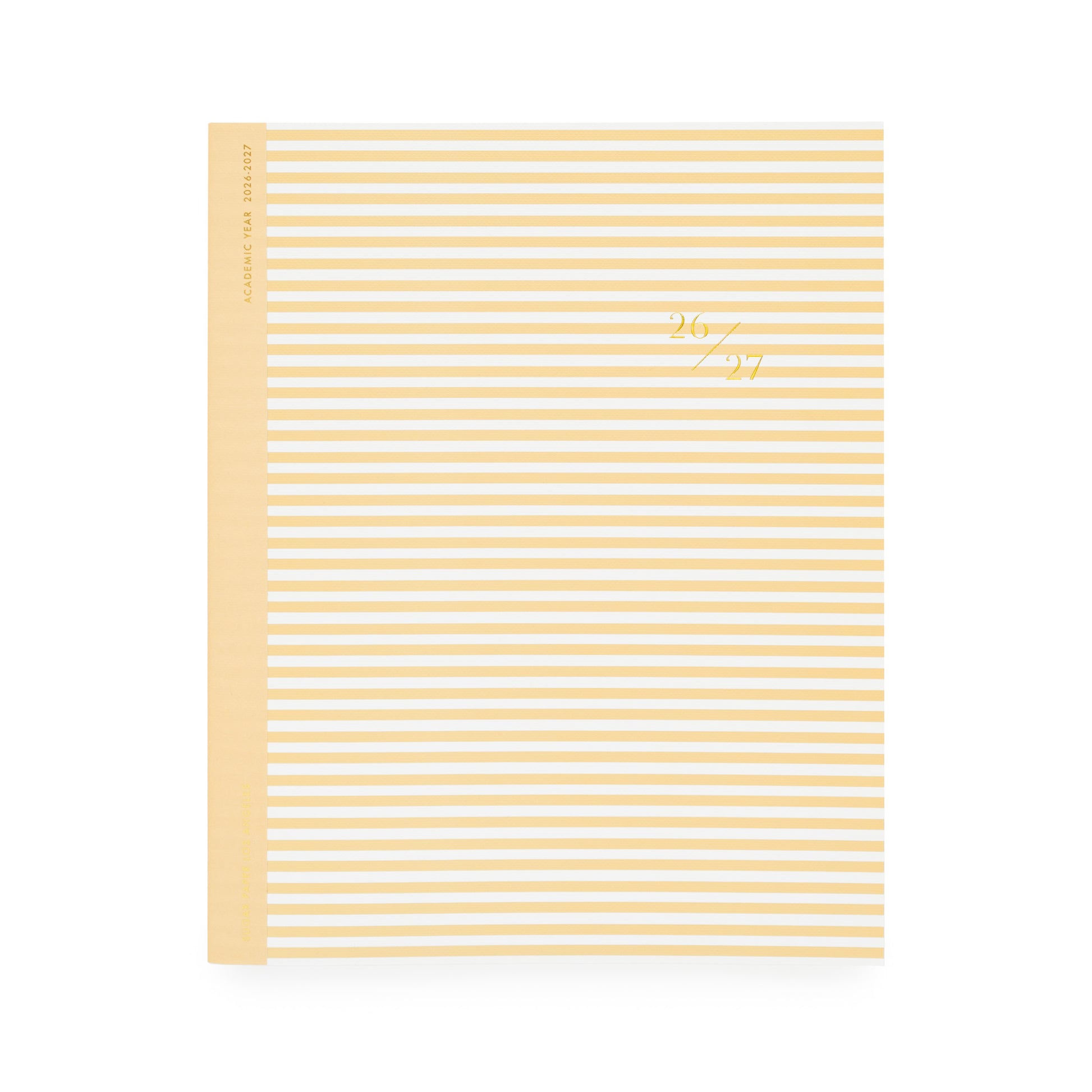 Yellow and white striped planner with '26 27' in gold foil on cover with yellow tape binding