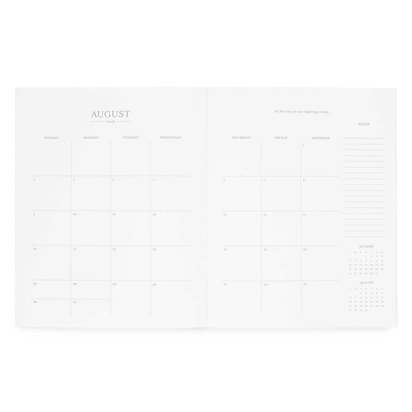 Interior of monthly planner with a monthly grid for August 2026, an inspirational quote, and notes on the side