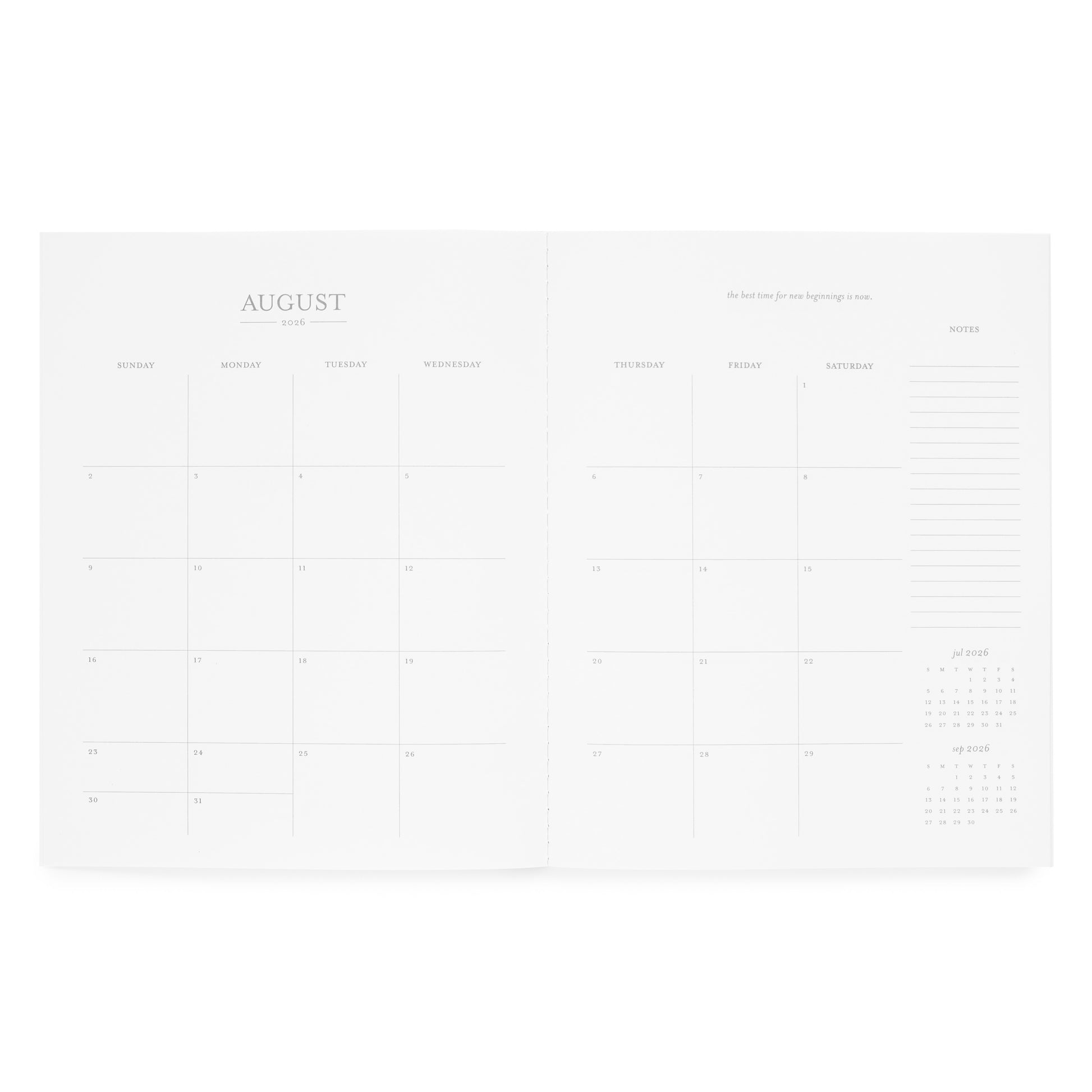 Interior of monthly planner with a monthly grid for August 2026, an inspirational quote, and notes on the side