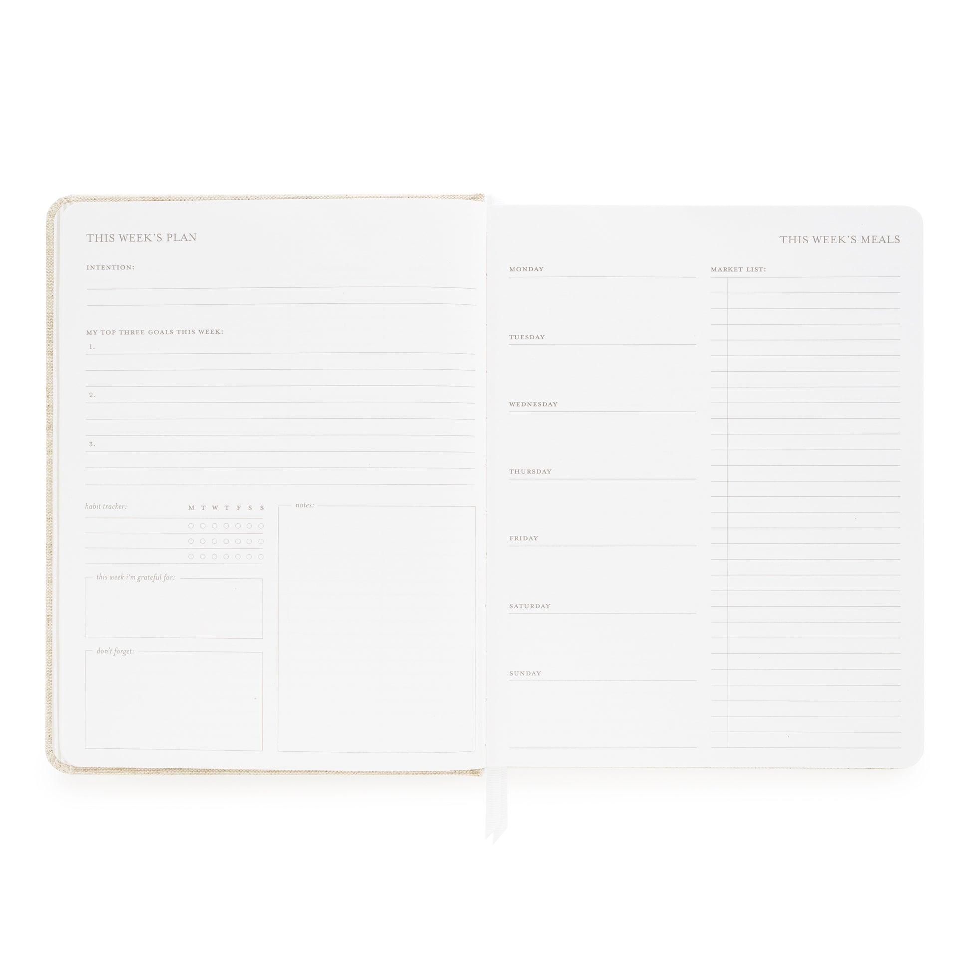 This week's plan with prompts and a space for each day of the week with a notes section