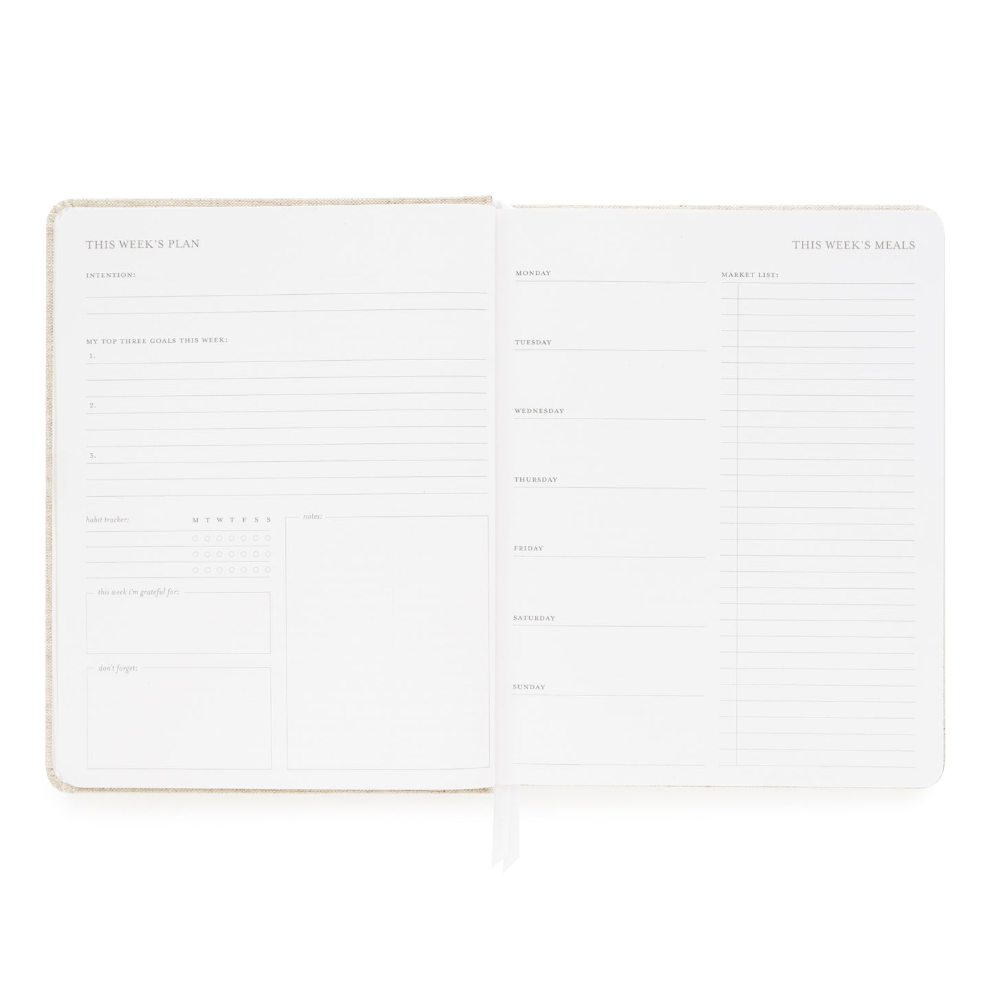 This Week's Plan Planning Page with prompts including intentions, goals, habit trackers, and market list
