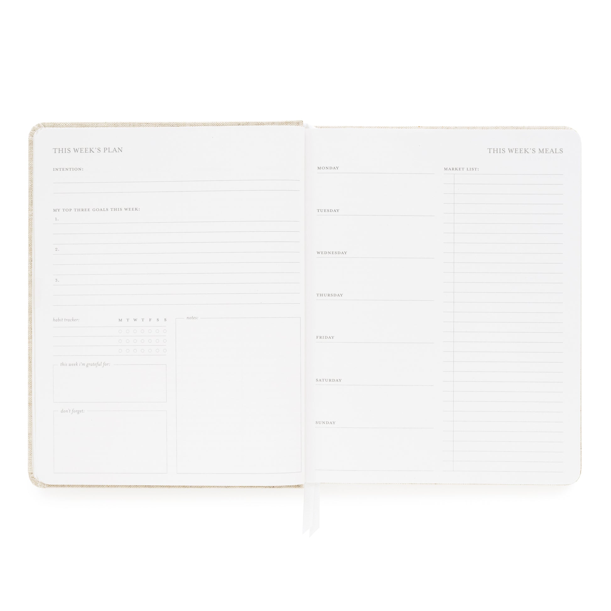 This Week's Plan Planning Page with prompts including intentions, goals, habit trackers, and market list