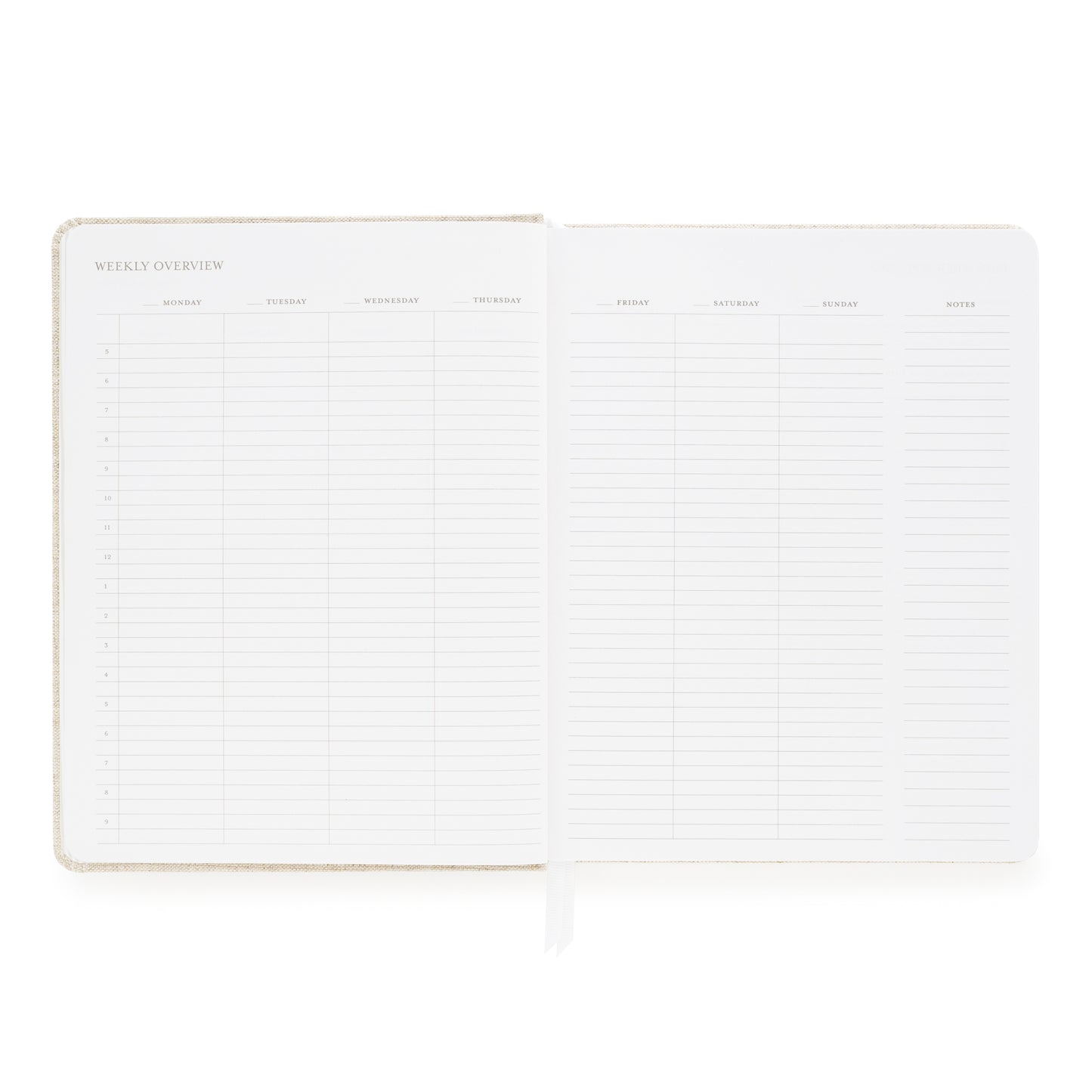Weekly overview with space for each day of the week and hourly timed slots