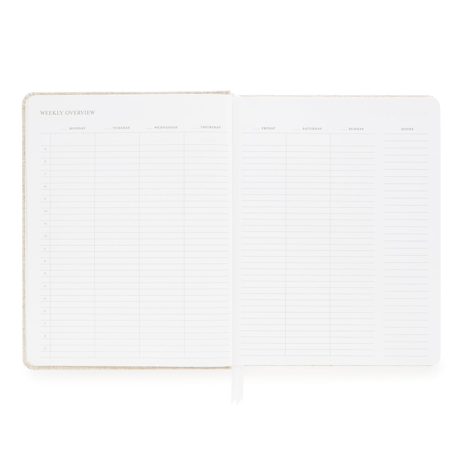 Weekly overview grid with space for each day of the week and timed hourly slots