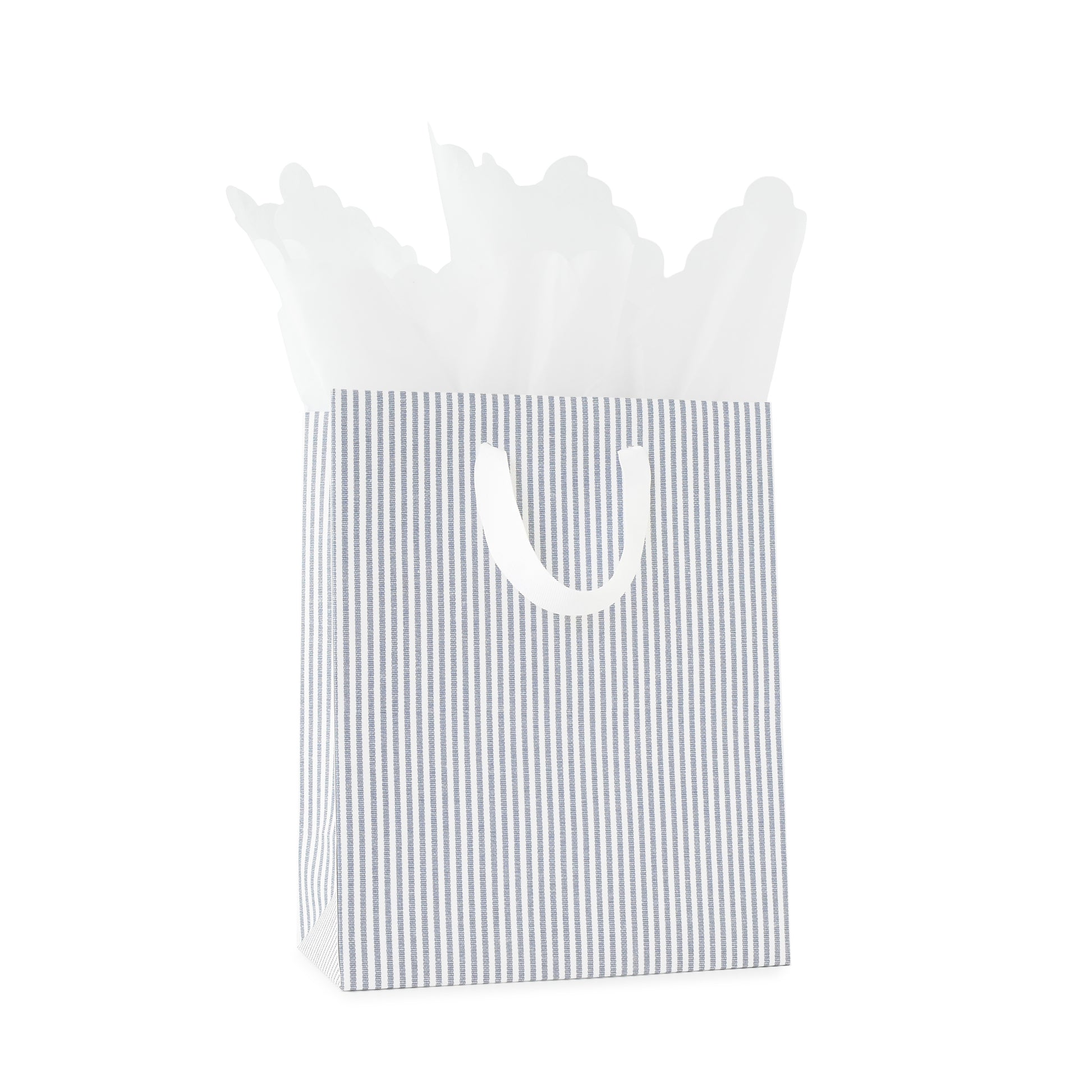 Dark blue and white stripe gift bag with white handles with white scallop tissue paper