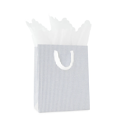 Dark blue and white stripe gift bag with white handles with white scallop tissue paper