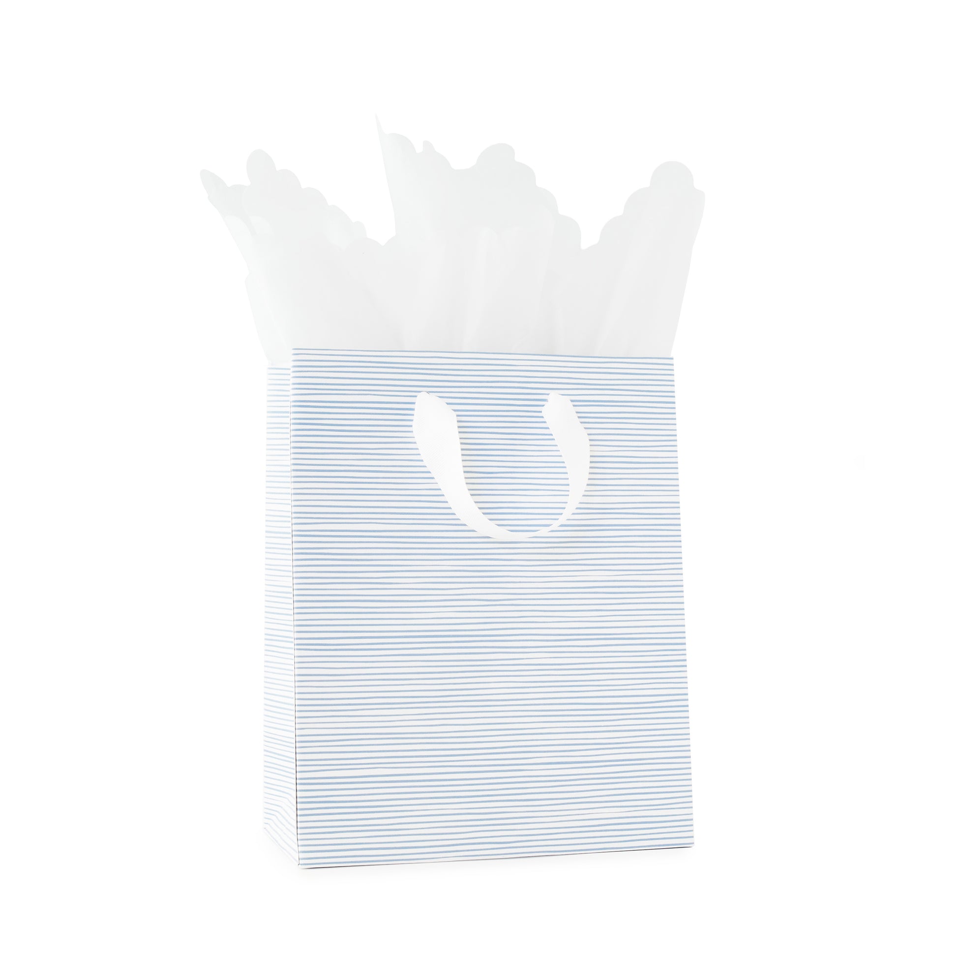 Blue and White Stripe Gift Bag with white handles with white scallop tissue paper