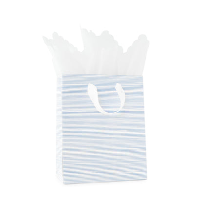 Blue and White Stripe Gift Bag with white handles with white scallop tissue paper