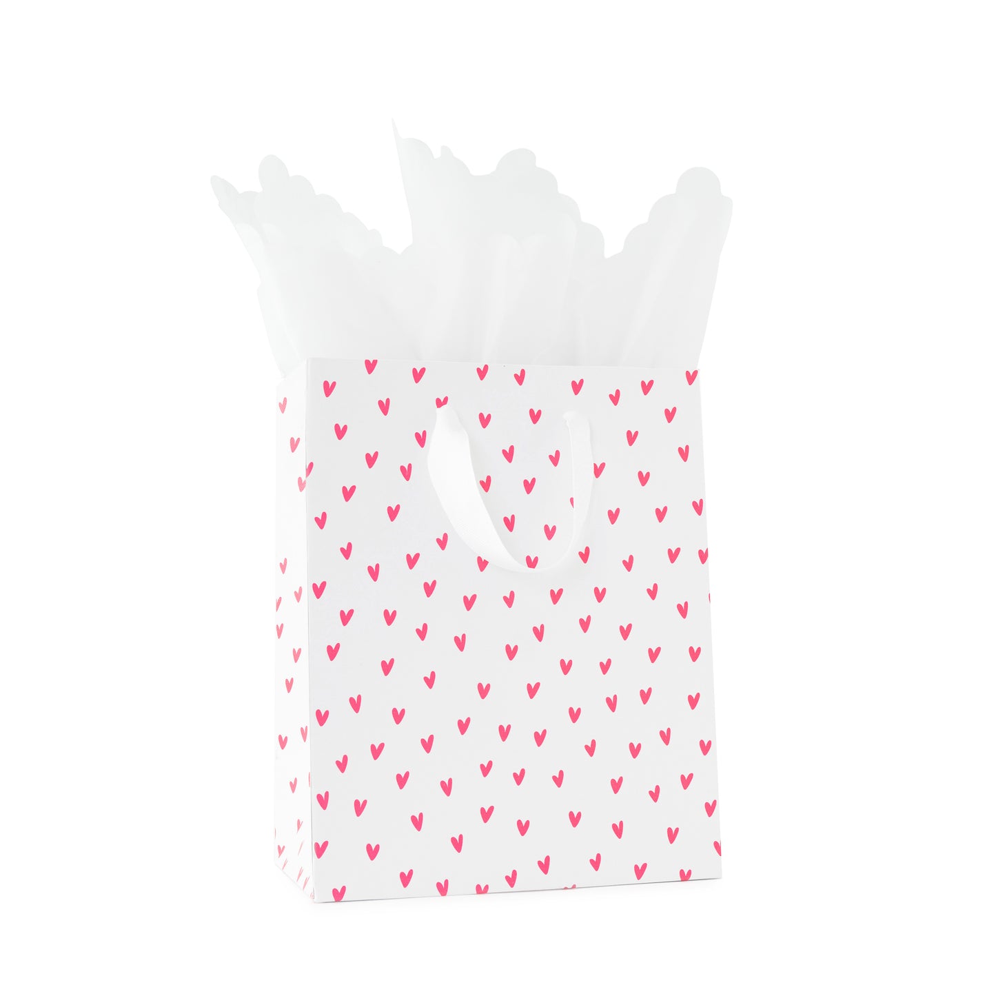 Pink neon heart gift bag with white handles with white scallop tissue paper