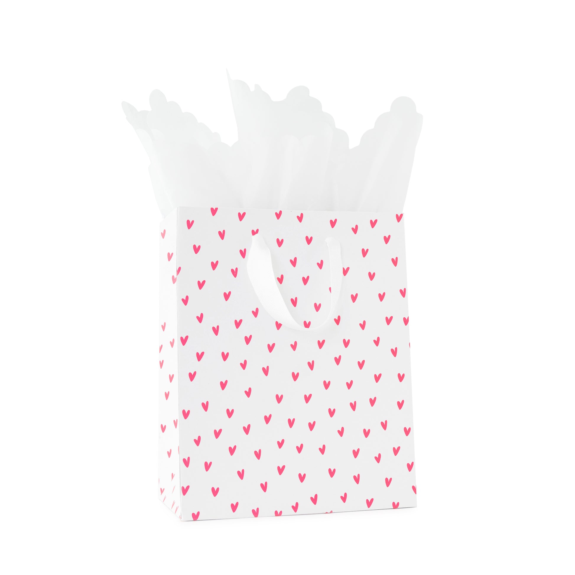 Pink neon heart gift bag with white handles with white scallop tissue paper