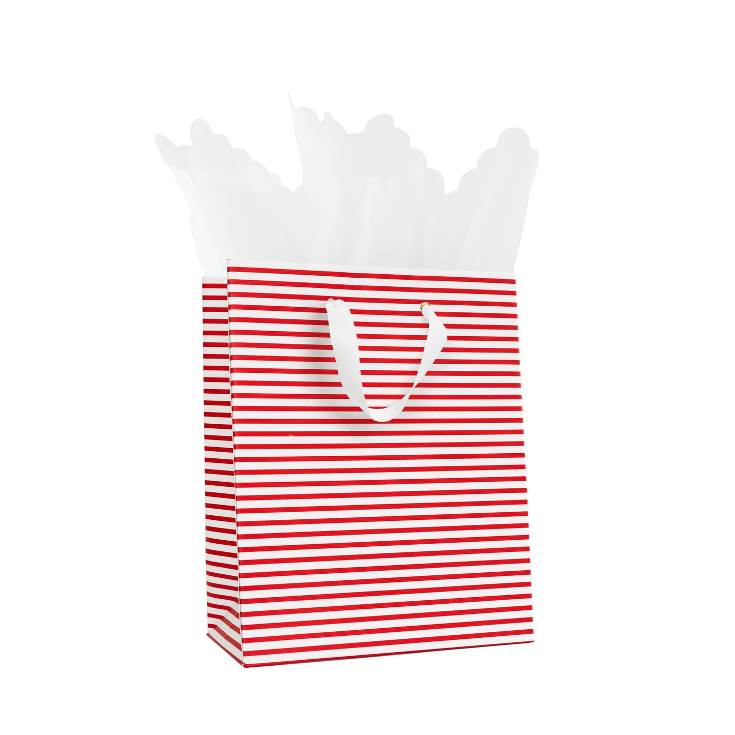 Red and white stripe gift bag with white grosgrain ribbon handles with white scallop tissue paper