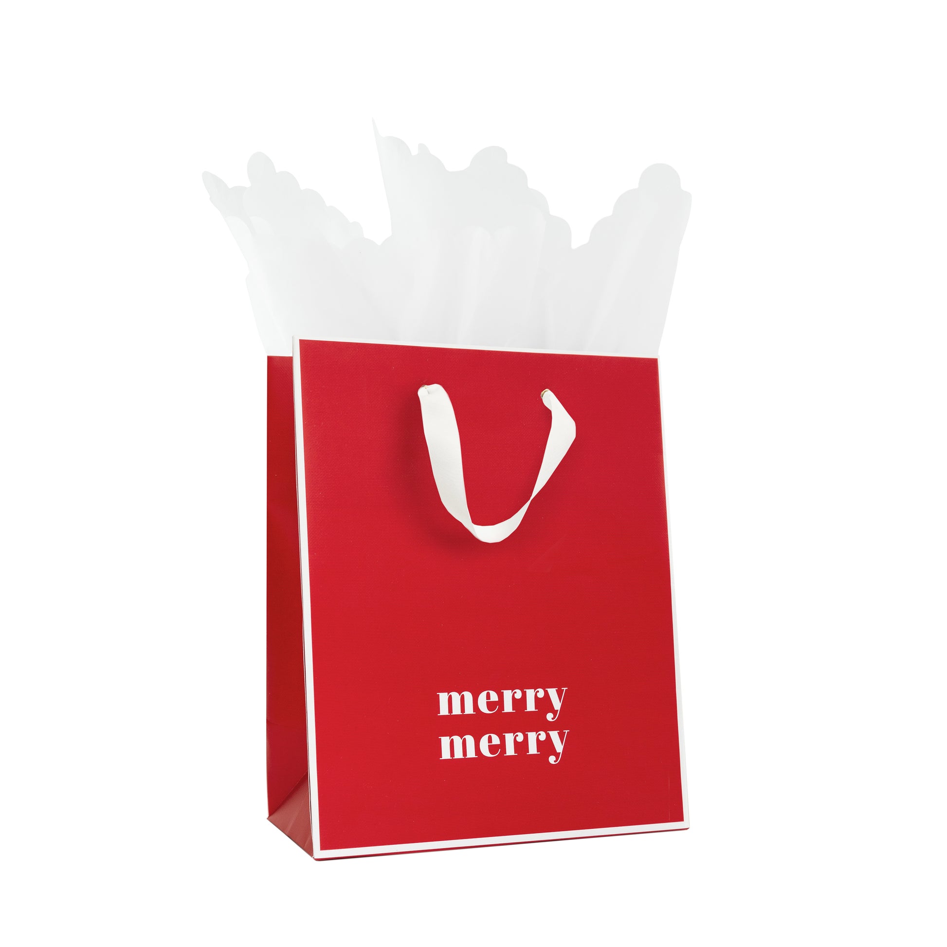 Red and White Merry Merry Gift Bag with White Ribbon Handles with white scallop tissue paper